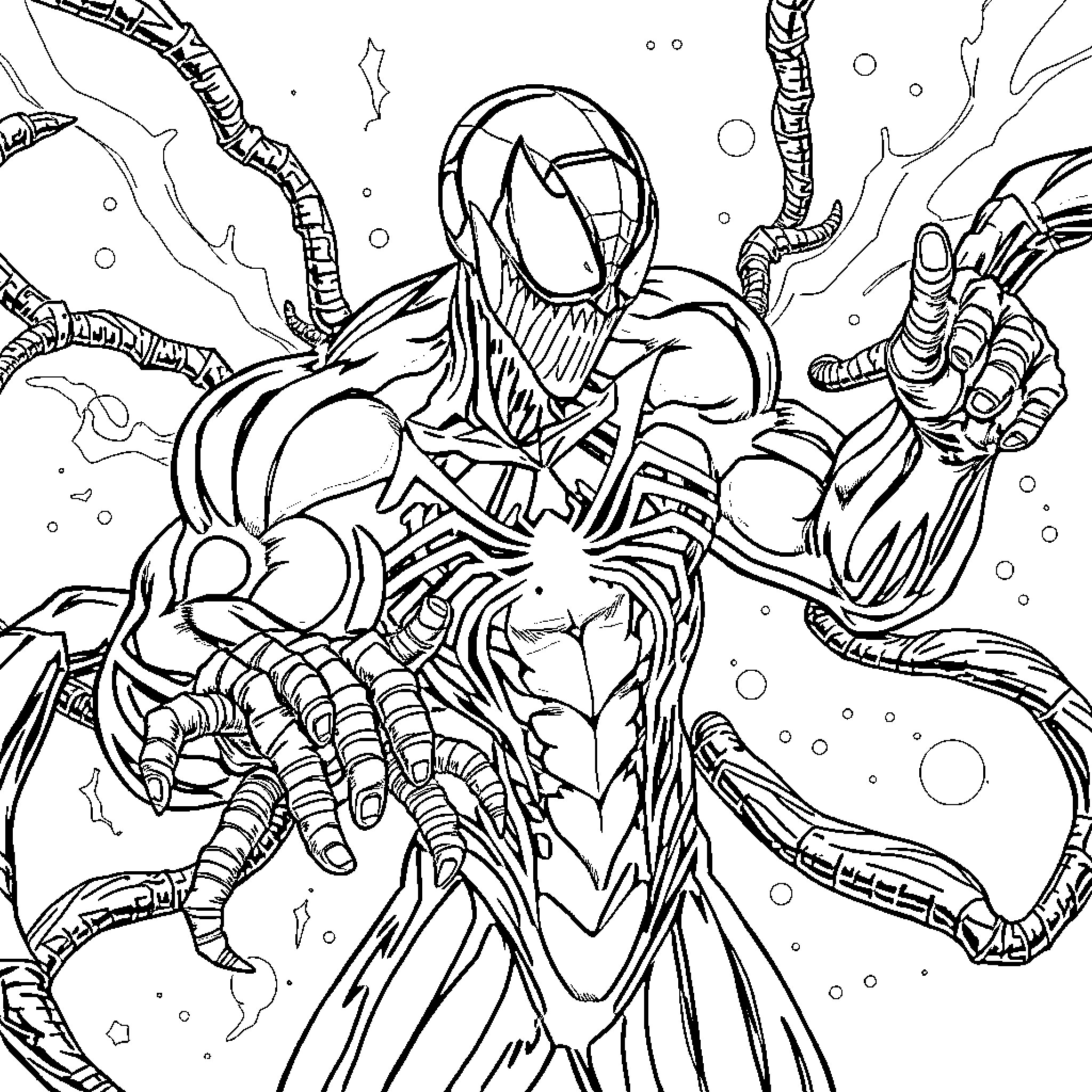 Spiderman battling a complex and intricate adversary Coloring Page (free black-and-white line drawing printable PDF for all, from beginners to advanced learners, including children, teens, adults, and seniors)
