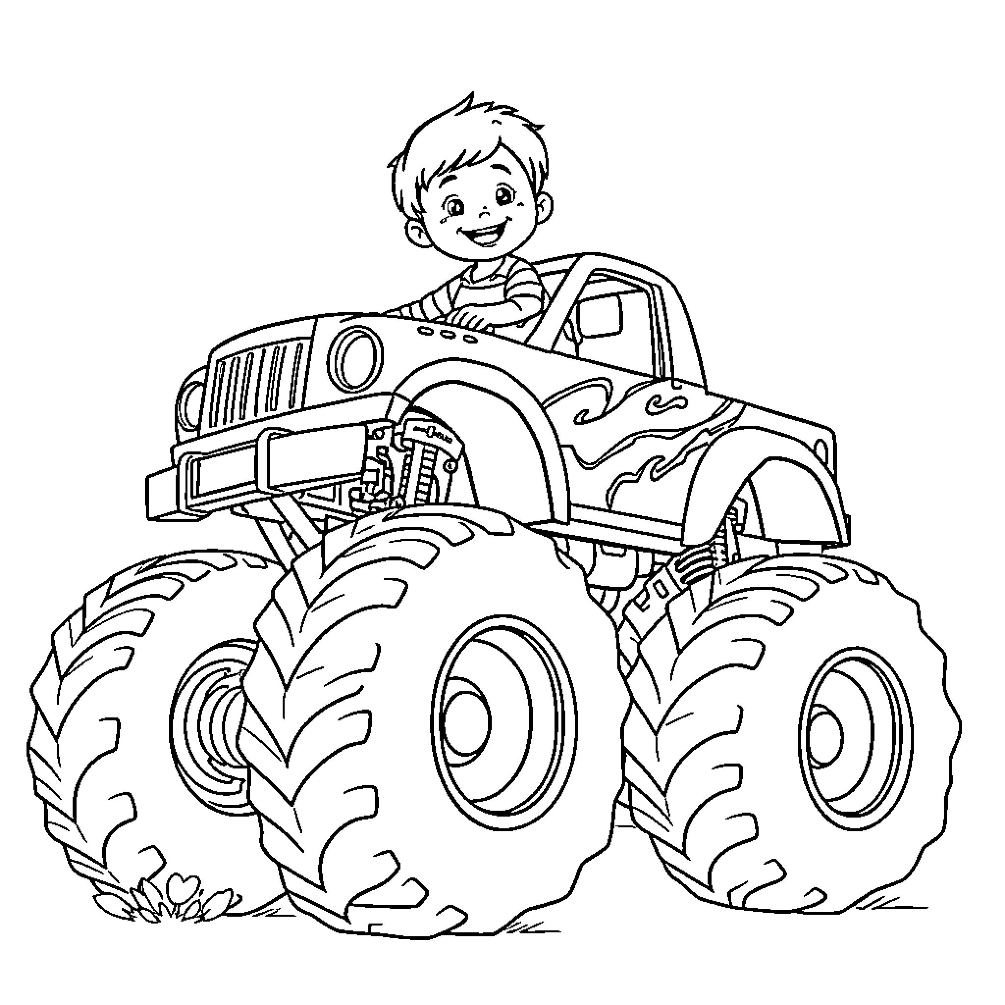 Boy driving a monster truck in the countryside Coloring Page (free black-and-white line drawing printable PDF for all, from beginners to advanced learners, including children, teens, adults, and seniors)