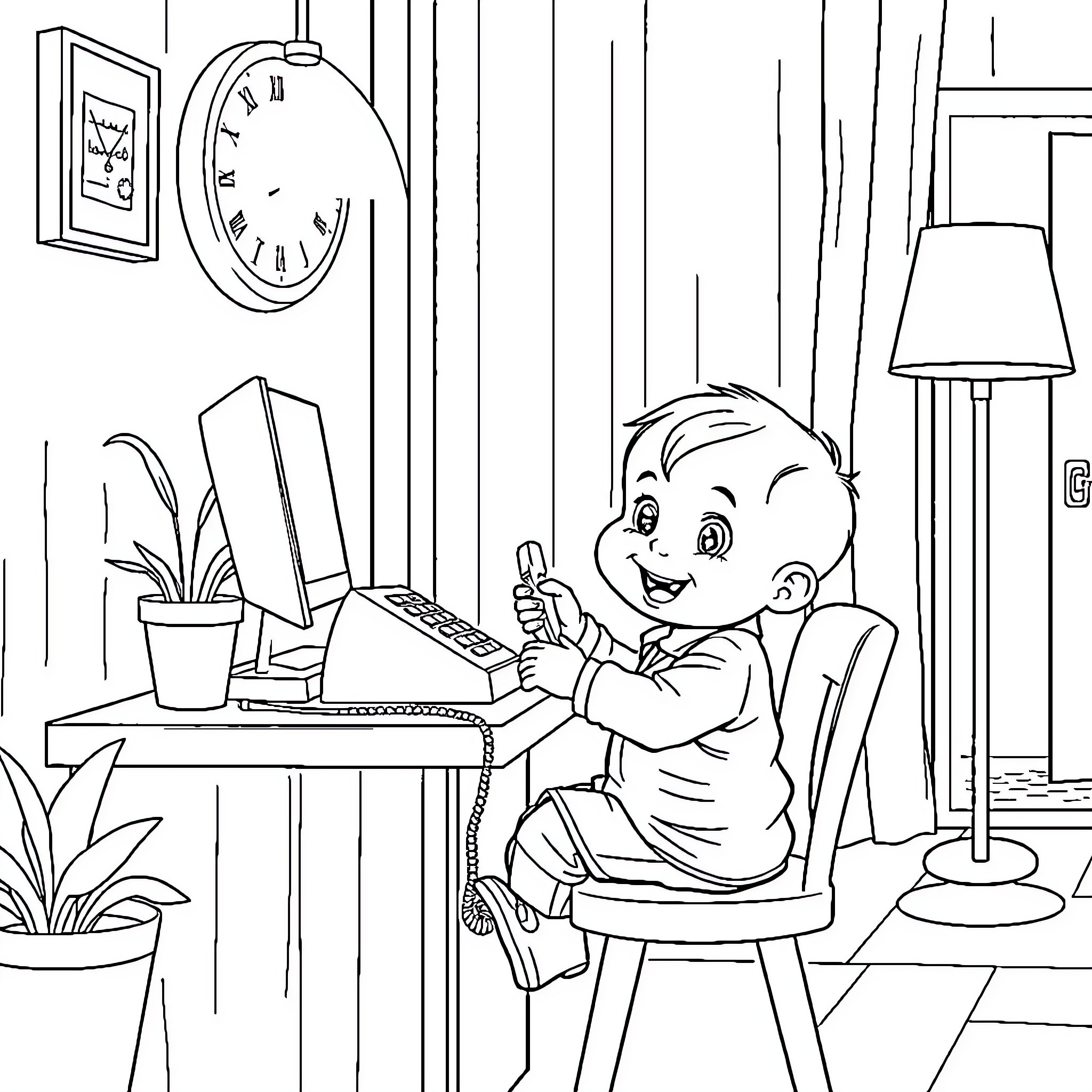 Baby diligently working on a computer Coloring Page (free black-and-white line drawing printable PDF for all, from beginners to advanced learners, including children, teens, adults, and seniors)
