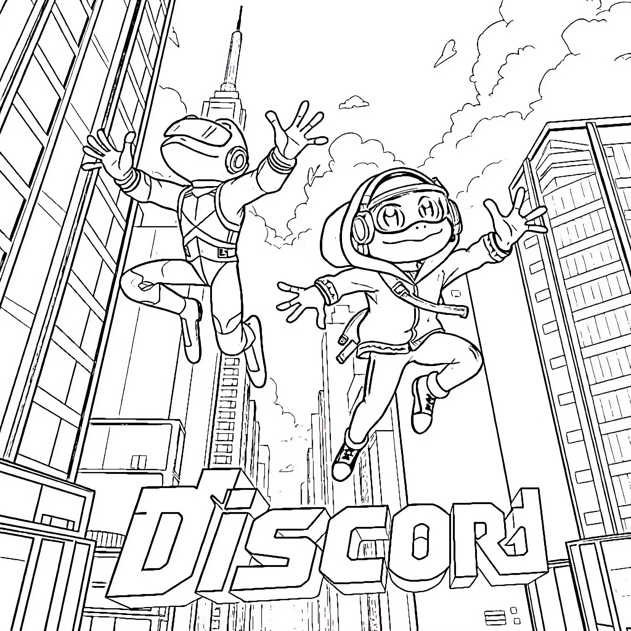 Pepe's Exciting Superhero Adventure in the City Coloring Page (free black-and-white line drawing printable PDF for all, from beginners to advanced learners, including children, teens, adults, and seniors)