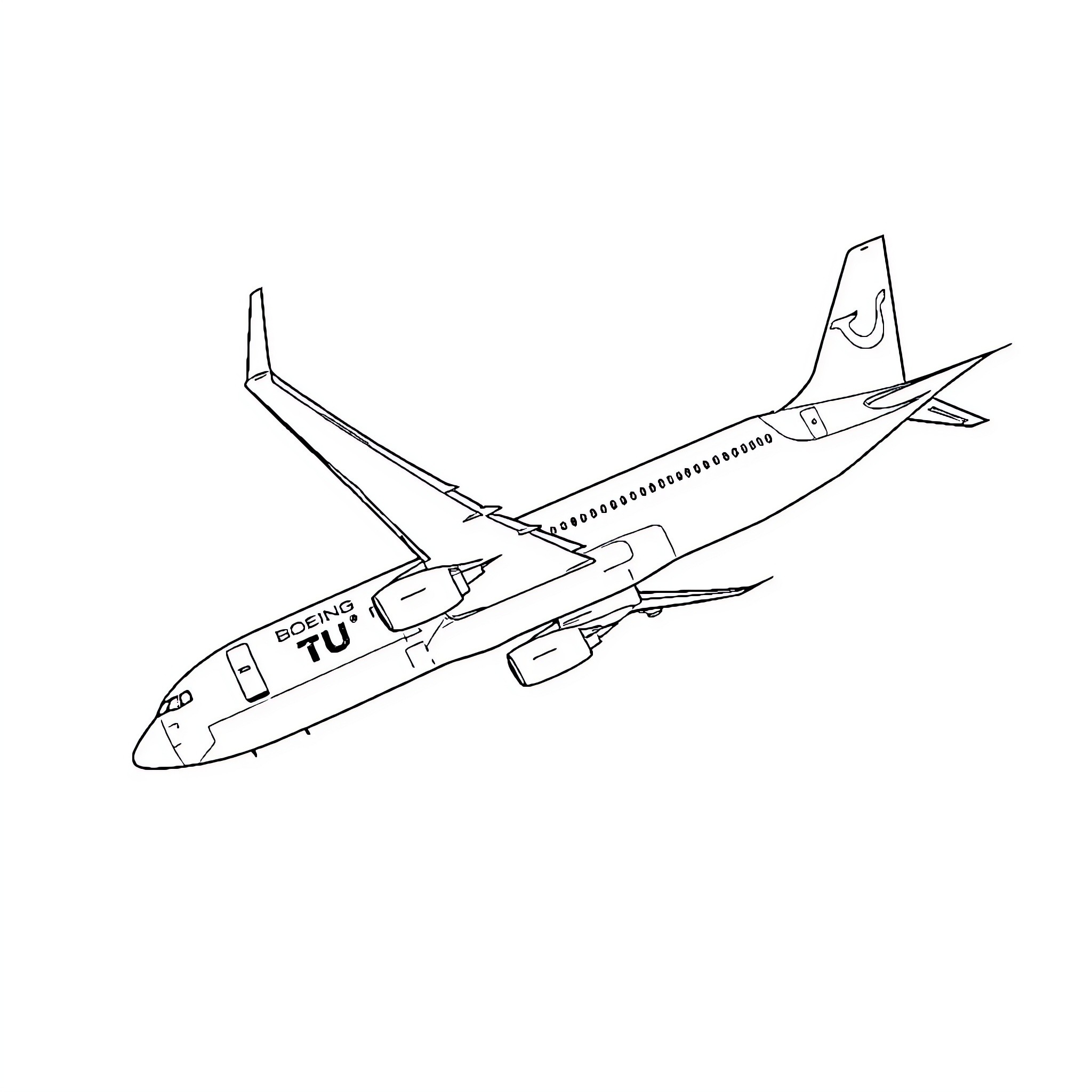 Boing737 aircraft in flight Coloring Page (free black-and-white line drawing printable PDF for all, from beginners to advanced learners, including children, teens, adults, and seniors)