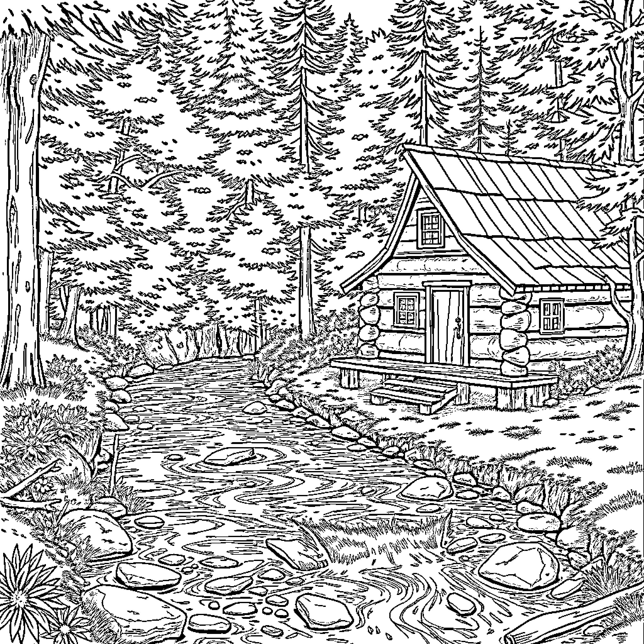Creek Cabin Nestled in the Peaceful Woodland Coloring Page (free black-and-white line drawing printable PDF for all, from beginners to advanced learners, including children, teens, adults, and seniors)