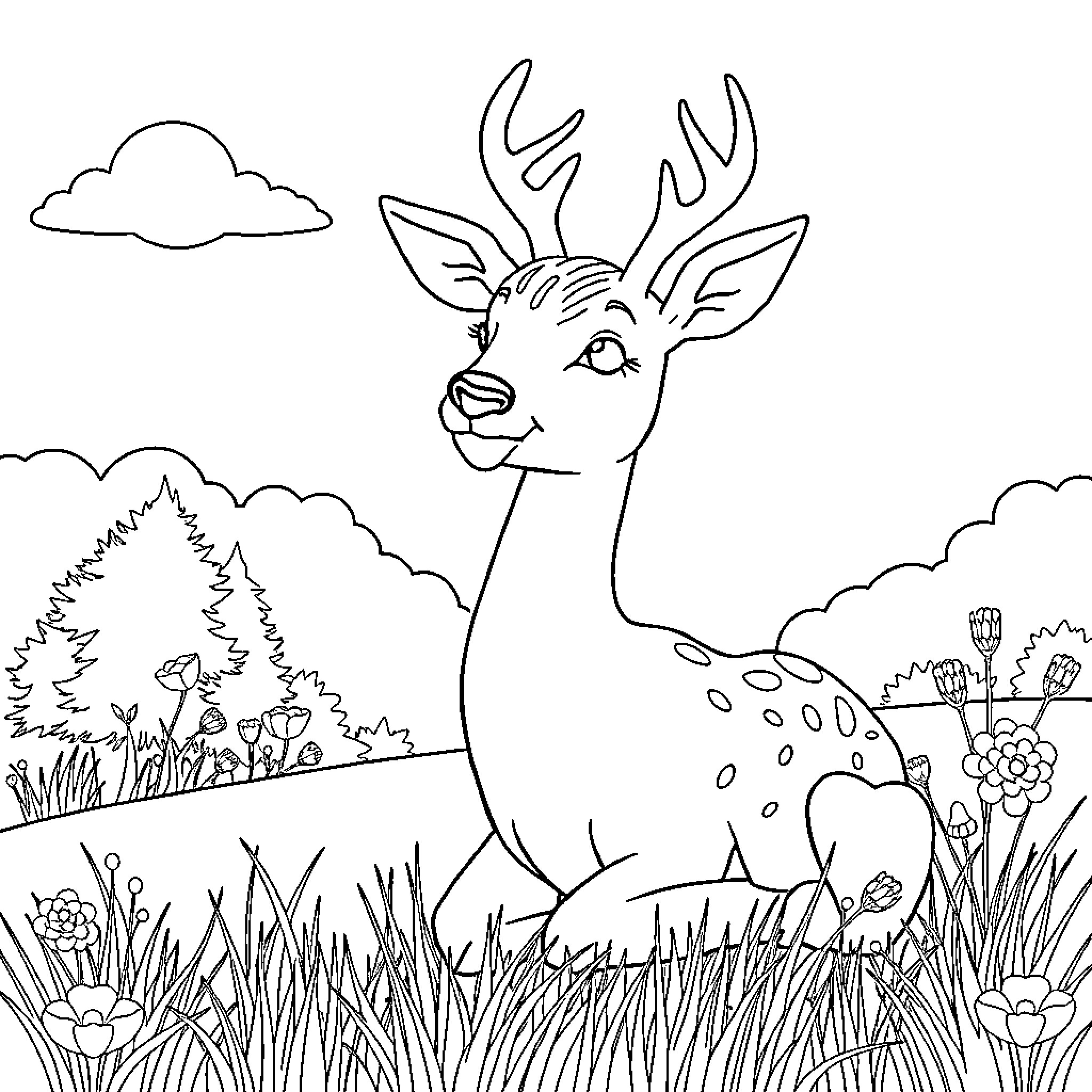 Deer in a Lush Meadow Coloring Page (free black-and-white line drawing printable PDF for all, from beginners to advanced learners, including children, teens, adults, and seniors)