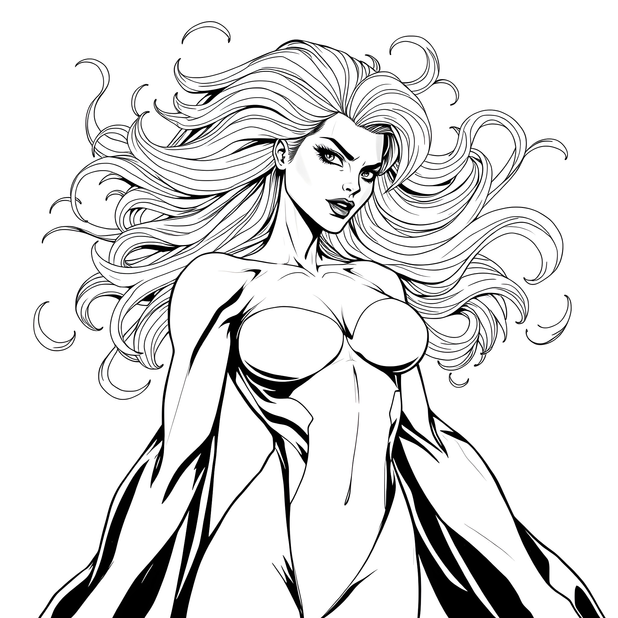 Mystique: Enchanting Enigma with Flowing Tresses Coloring Page (free black-and-white line drawing printable PDF for all, from beginners to advanced learners, including children, teens, adults, and seniors)