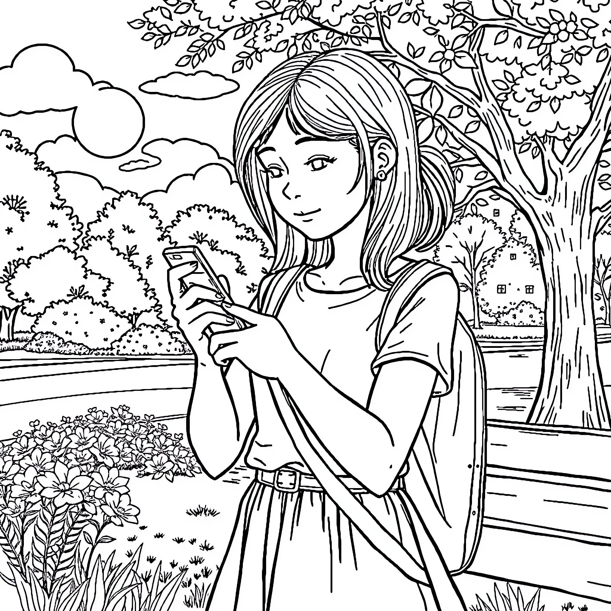 Girl enjoys nature and her mobile device Coloring Page (free black-and-white line drawing printable PDF for all, from beginners to advanced learners, including children, teens, adults, and seniors)