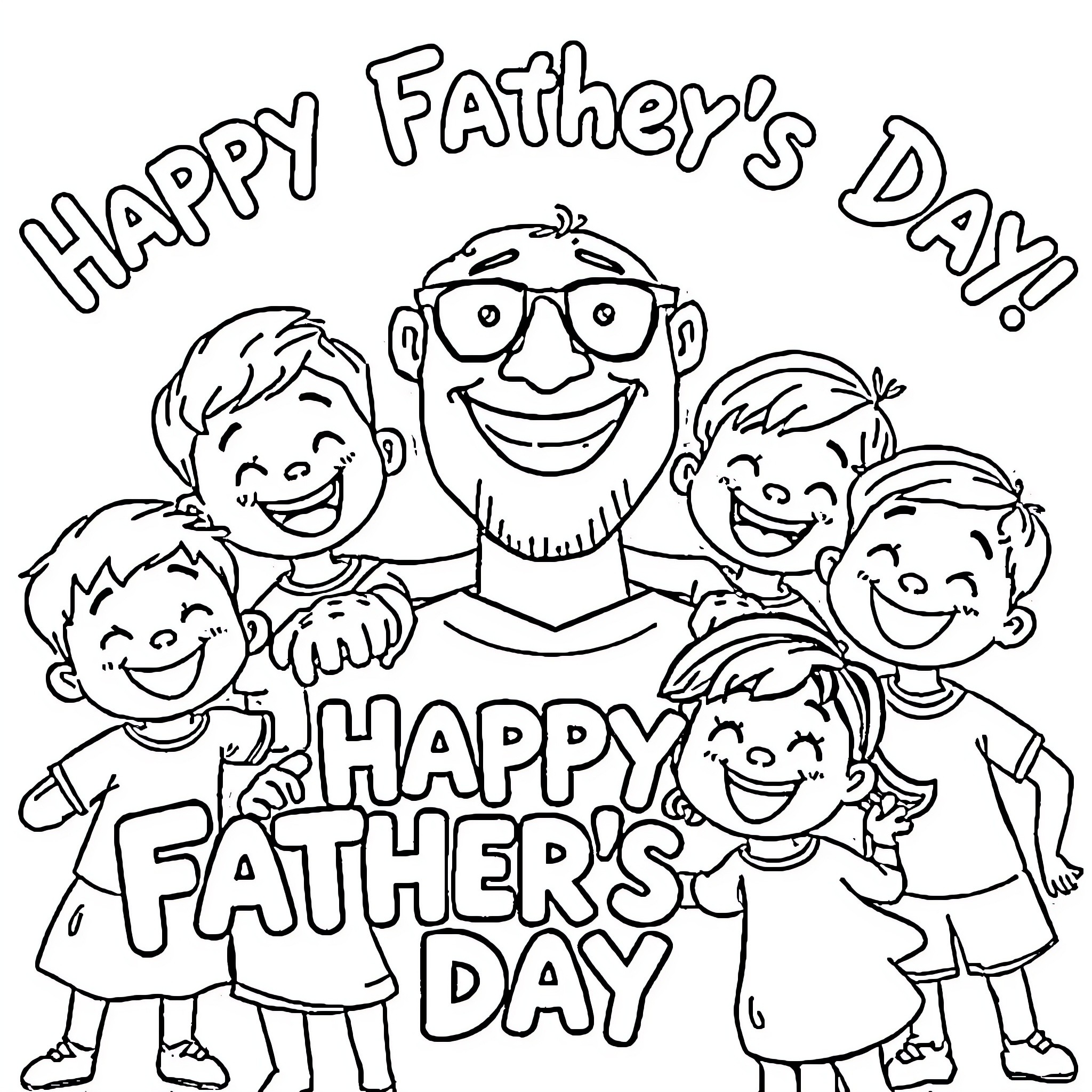 Father's joyful day with his happy family Coloring Page (free black-and-white line drawing printable PDF for all, from beginners to advanced learners, including children, teens, adults, and seniors)