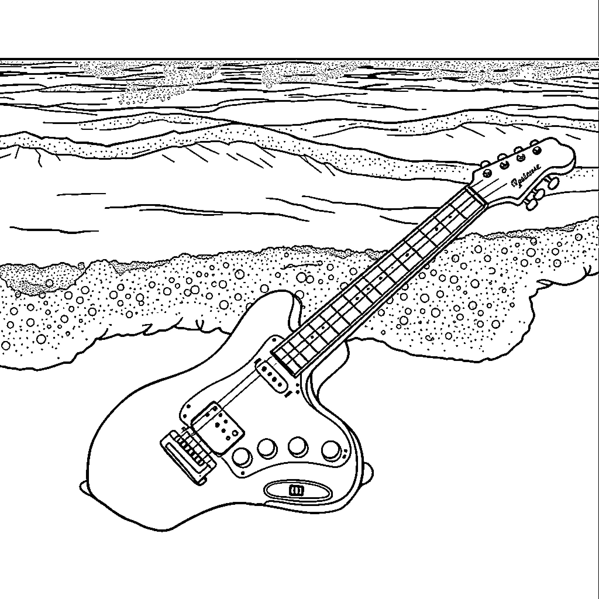 Guitar amidst abstract landscape Coloring Page (free black-and-white line drawing printable PDF for all, from beginners to advanced learners, including children, teens, adults, and seniors)