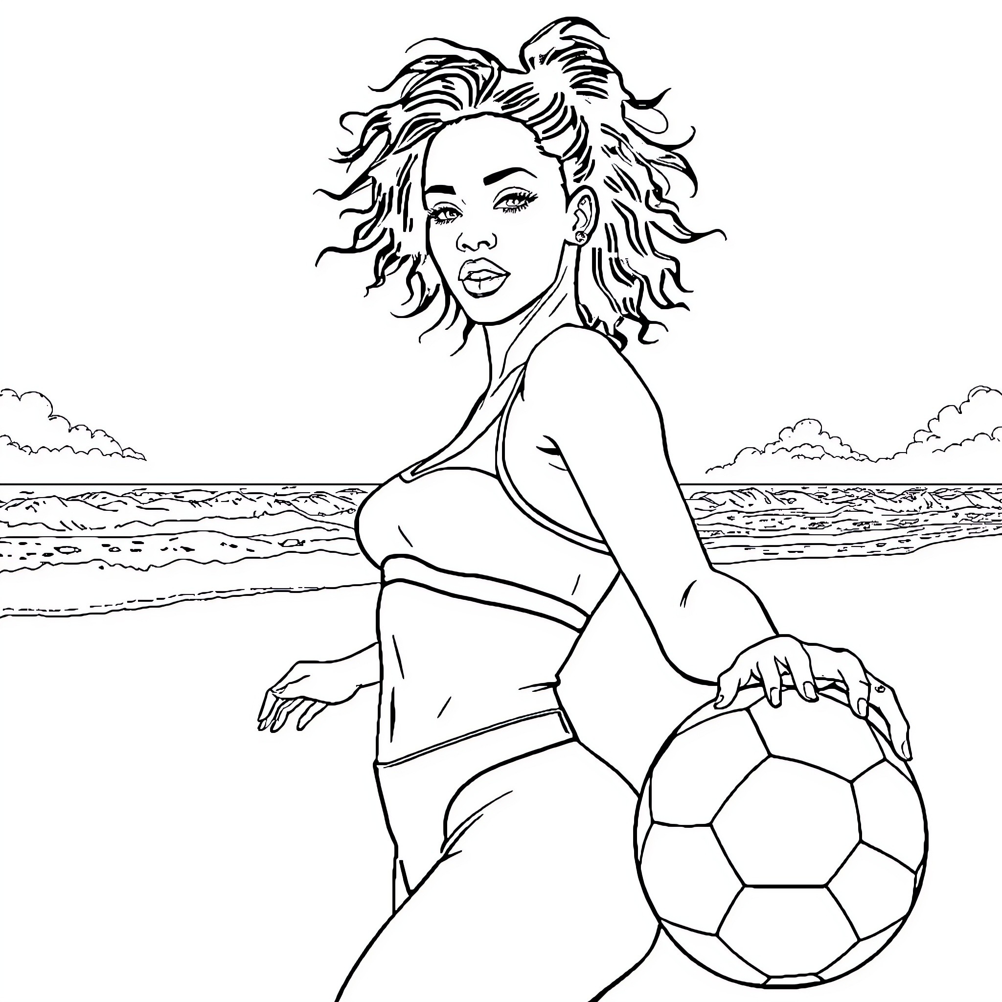 Rihanna posing with a soccer ball on the beach Coloring Page (free black-and-white line drawing printable PDF for all, from beginners to advanced learners, including children, teens, adults, and seniors)