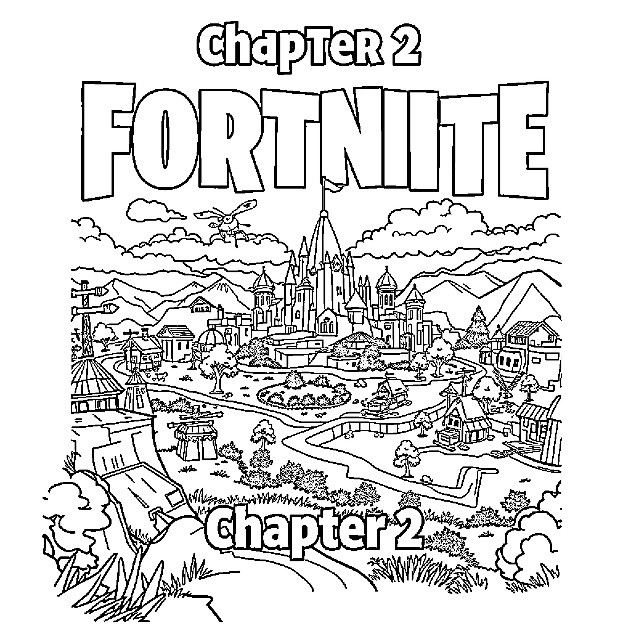 Fortnite Chapter 2 Vibrant Gaming Landscape Coloring Page (free black-and-white line drawing printable PDF for all, from beginners to advanced learners, including children, teens, adults, and seniors)