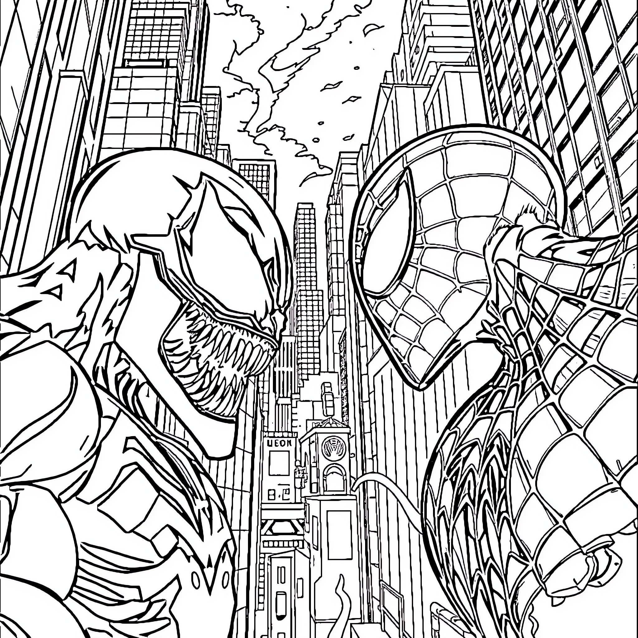 Venom and Spider-Man in an epic urban clash Coloring Page (free black-and-white line drawing printable PDF for all, from beginners to advanced learners, including children, teens, adults, and seniors)