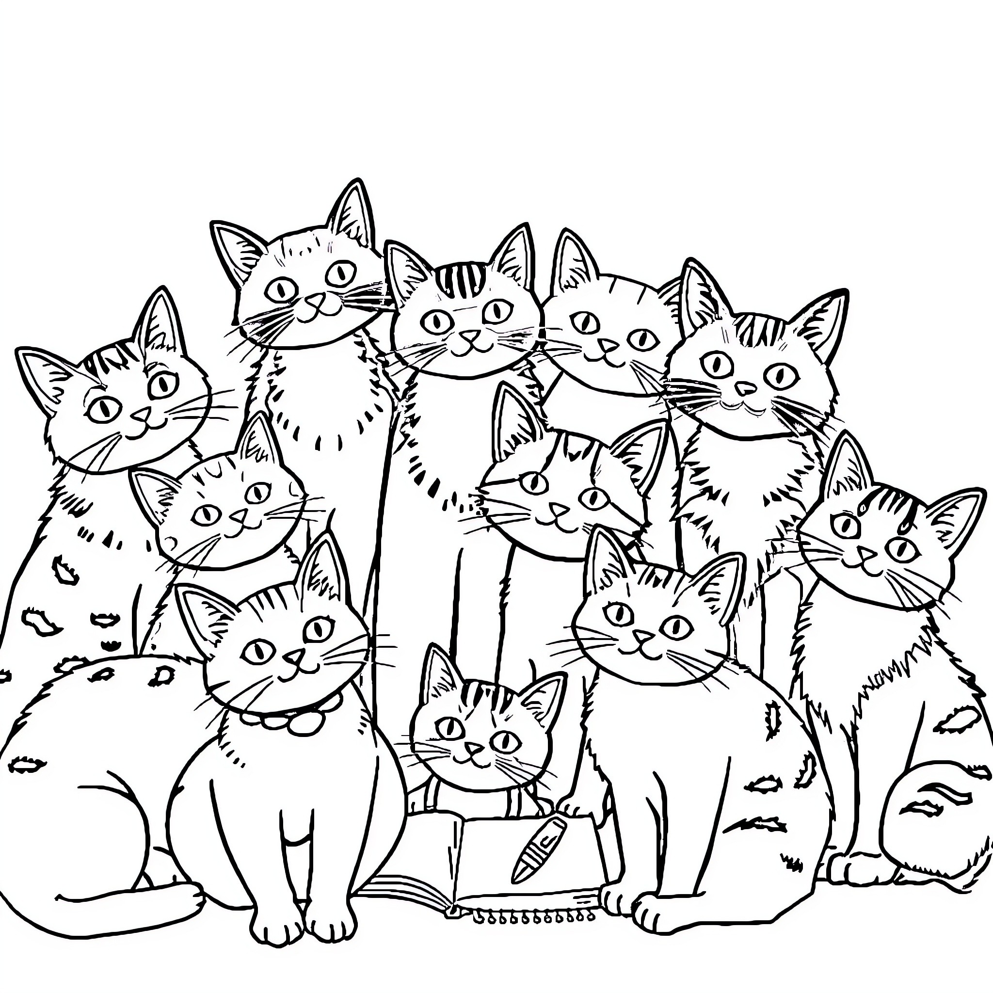 Cat group portrait with diverse expressions Coloring Page (free black-and-white line drawing printable PDF for all, from beginners to advanced learners, including children, teens, adults, and seniors)