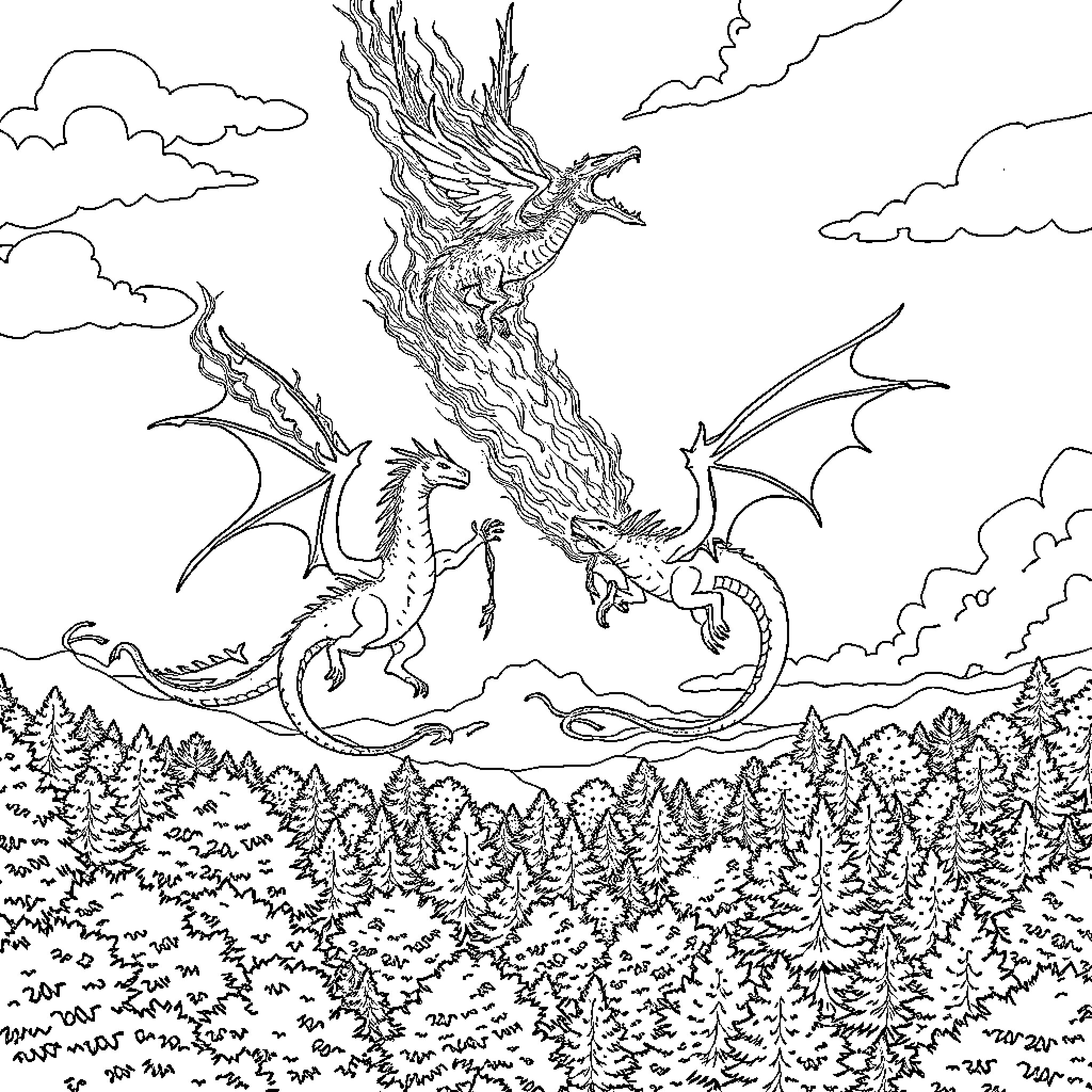 Dragons soaring above the enchanted forest Coloring Page (free black-and-white line drawing printable PDF for all, from beginners to advanced learners, including children, teens, adults, and seniors)