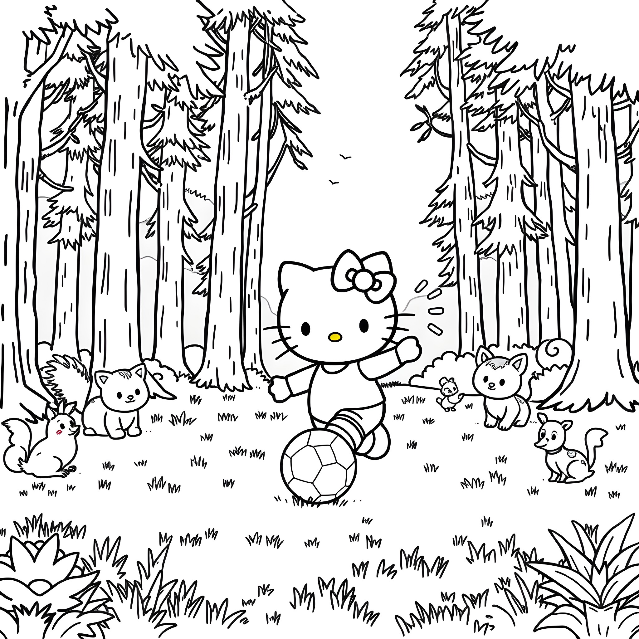 Hello Kitty playing in the forest with friends Coloring Page (free black-and-white line drawing printable PDF for all, from beginners to advanced learners, including children, teens, adults, and seniors)