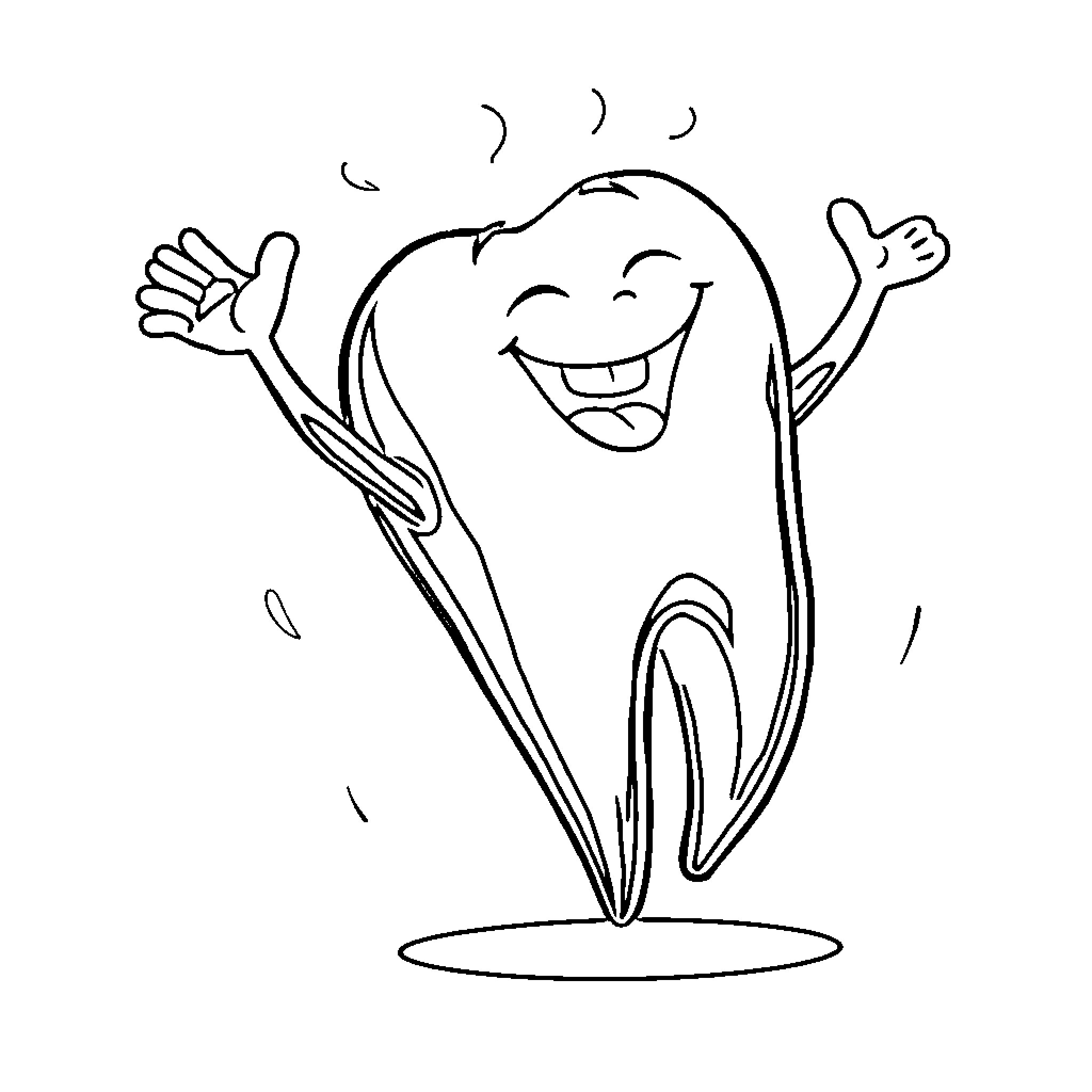 Tooth Celebrating Happily Coloring Page (free black-and-white line drawing printable PDF for all, from beginners to advanced learners, including children, teens, adults, and seniors)