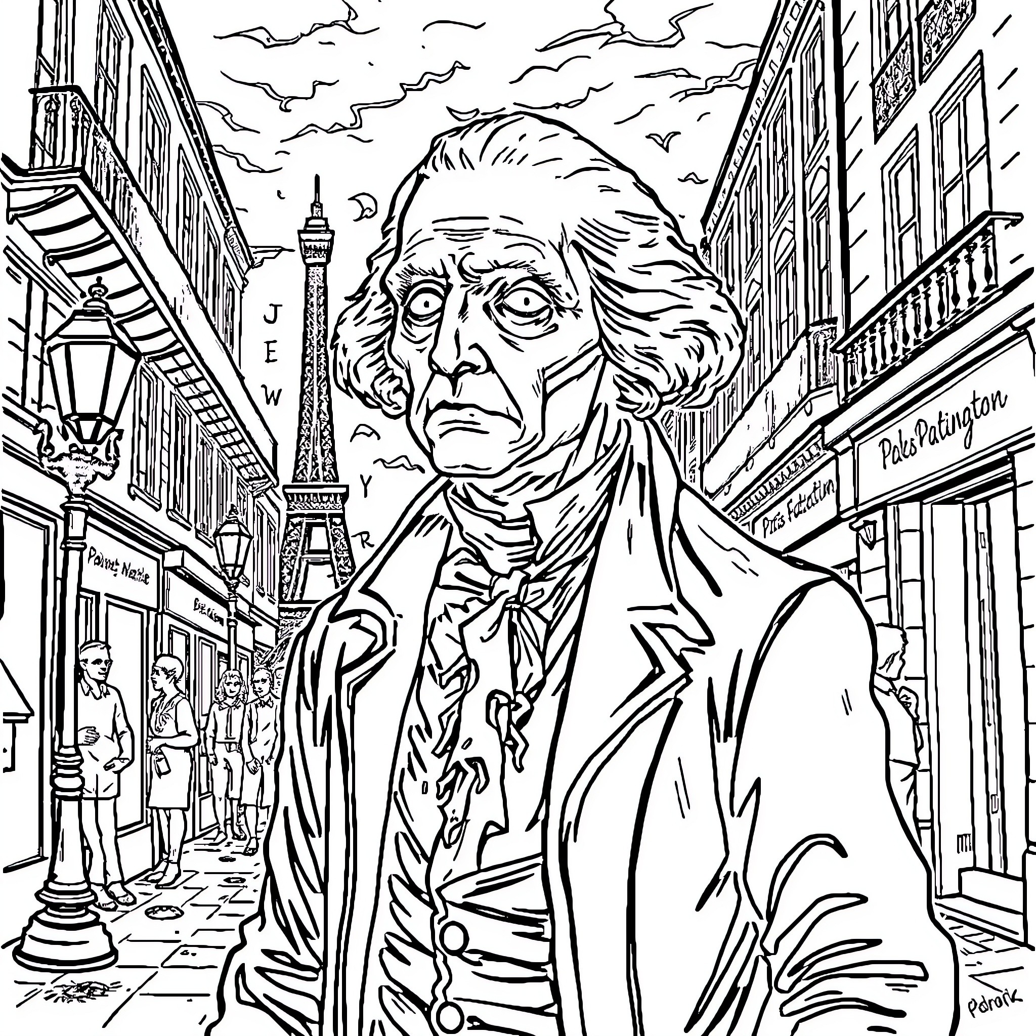 Zombie Man Roaming the Streets of Paris Coloring Page (free black-and-white line drawing printable PDF for all, from beginners to advanced learners, including children, teens, adults, and seniors)
