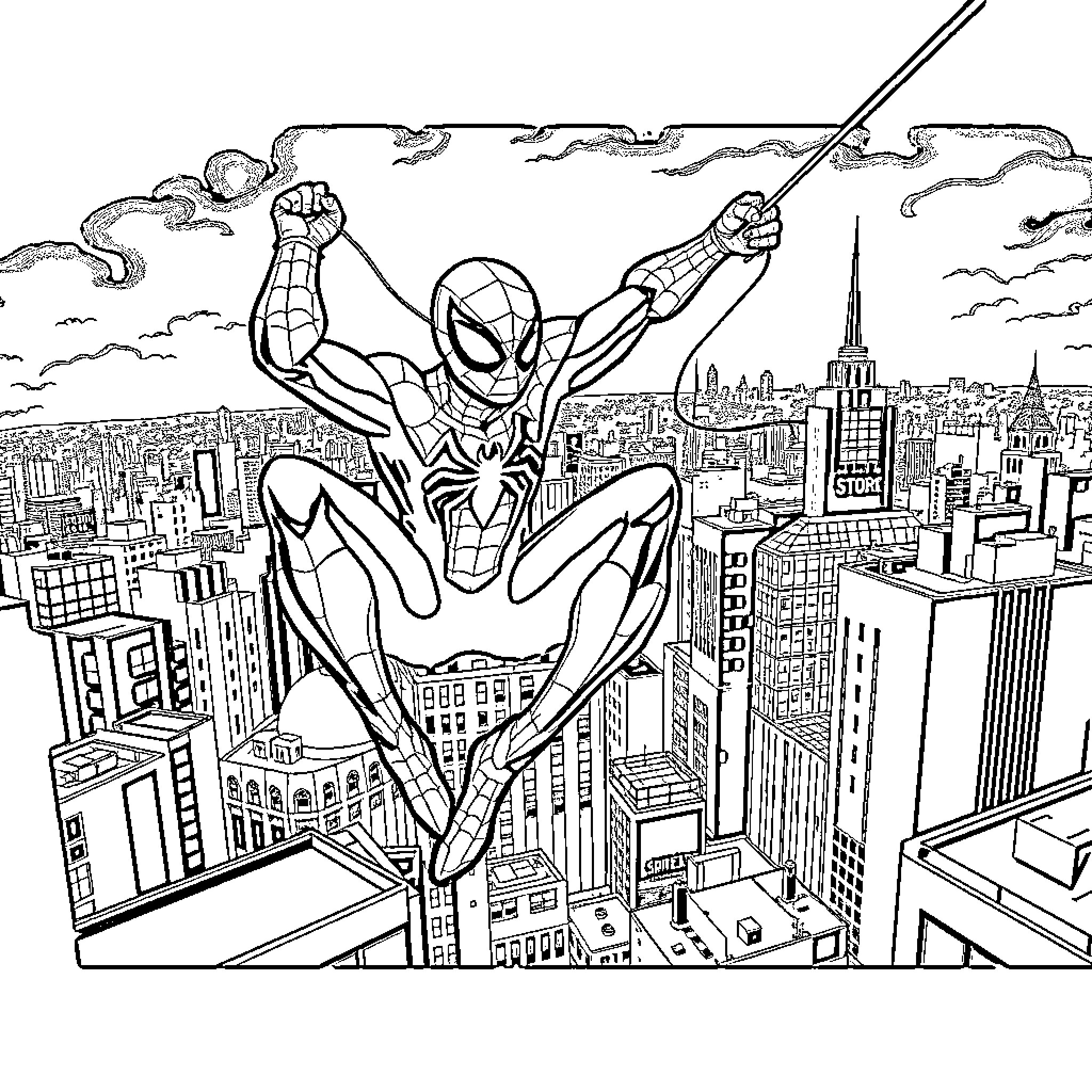 Spiderman swinging through the city skyline Coloring Page (free black-and-white line drawing printable PDF for all, from beginners to advanced learners, including children, teens, adults, and seniors)