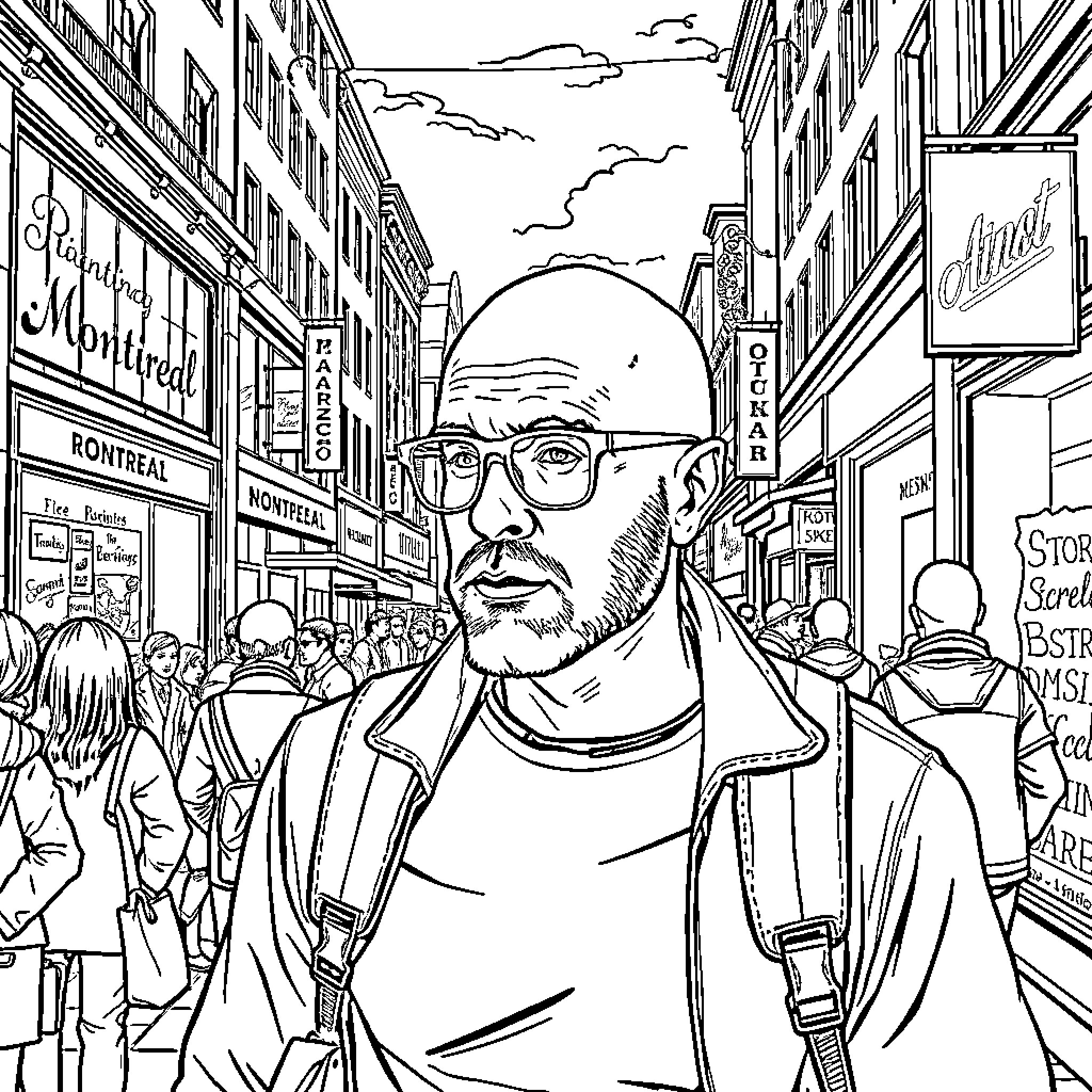 Man in glasses walking through crowded city street Coloring Page (free black-and-white line drawing printable PDF for all, from beginners to advanced learners, including children, teens, adults, and seniors)