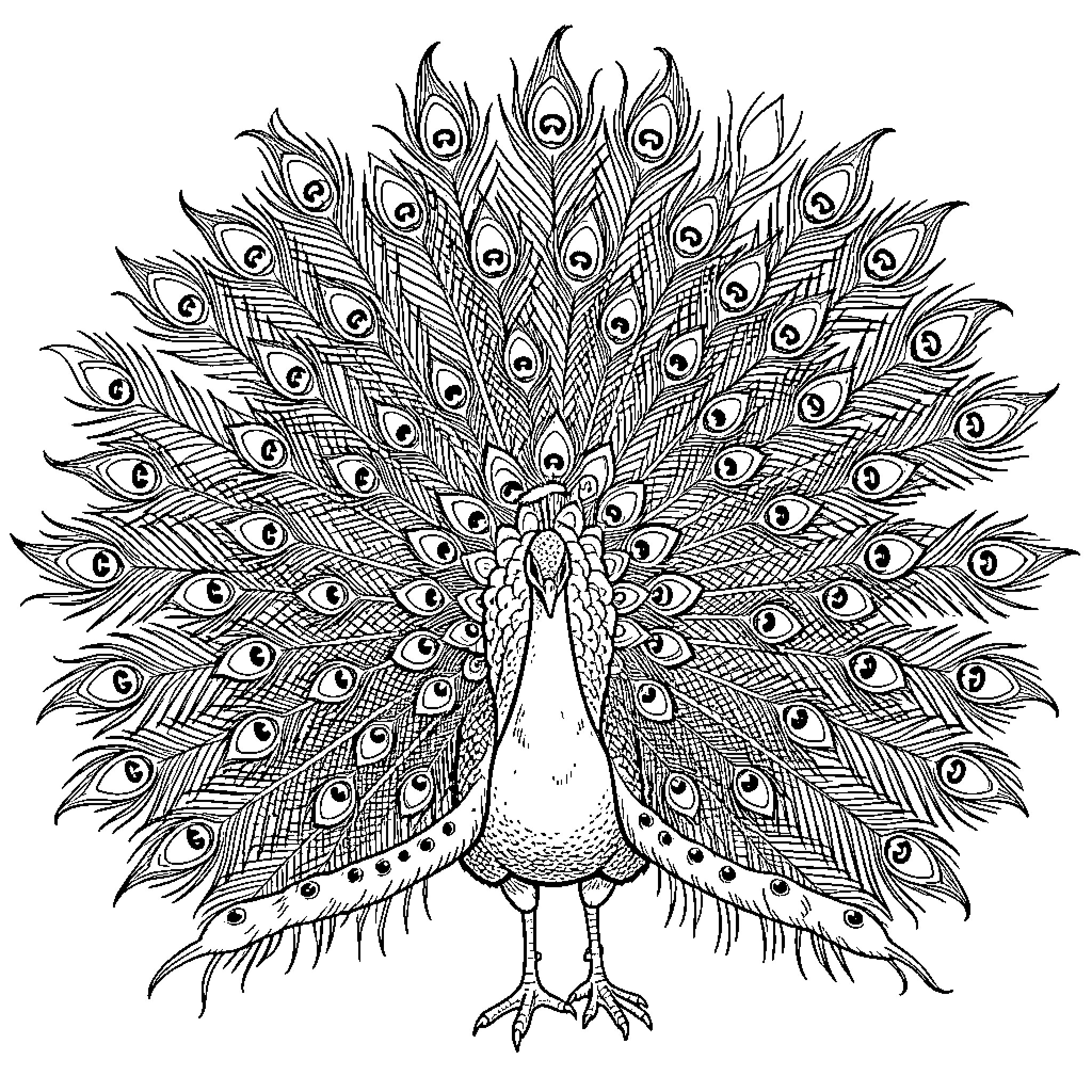 Peacock displaying its magnificent plumage Coloring Page (free black-and-white line drawing printable PDF for all, from beginners to advanced learners, including children, teens, adults, and seniors)