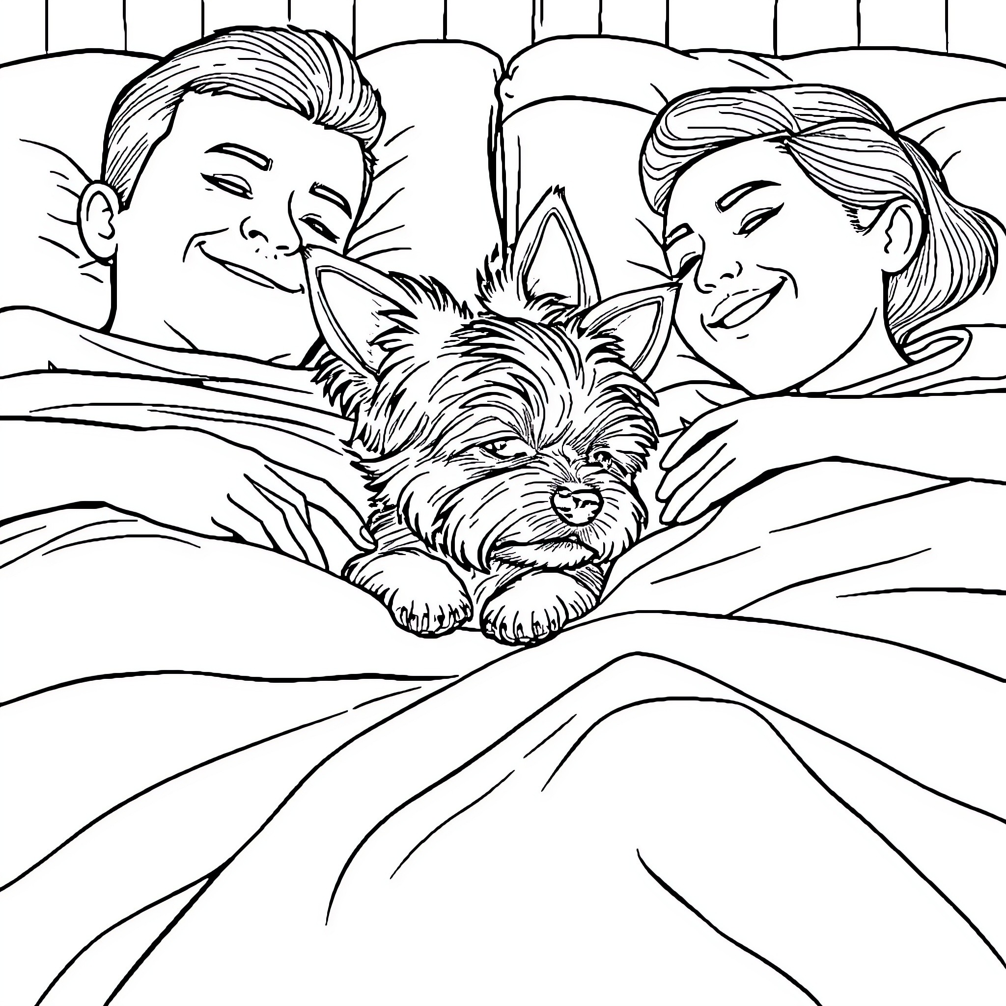 Yorkie cuddling with happy couple in bed Coloring Page (free black-and-white line drawing printable PDF for all, from beginners to advanced learners, including children, teens, adults, and seniors)
