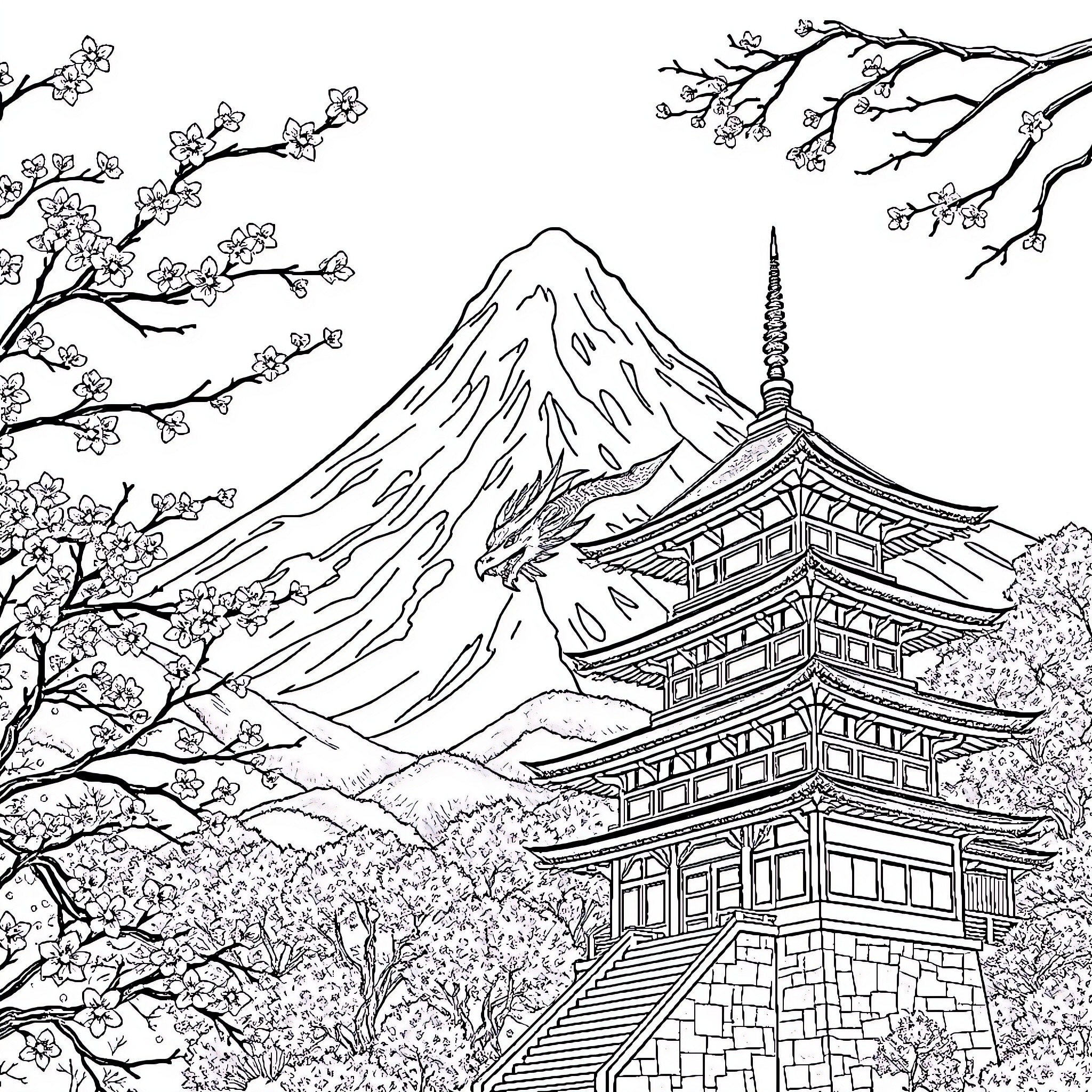 Dragon-shaped mountain and pagoda in scenic Japanese landscape Coloring Page (free black-and-white line drawing printable PDF for all, from beginners to advanced learners, including children, teens, adults, and seniors)