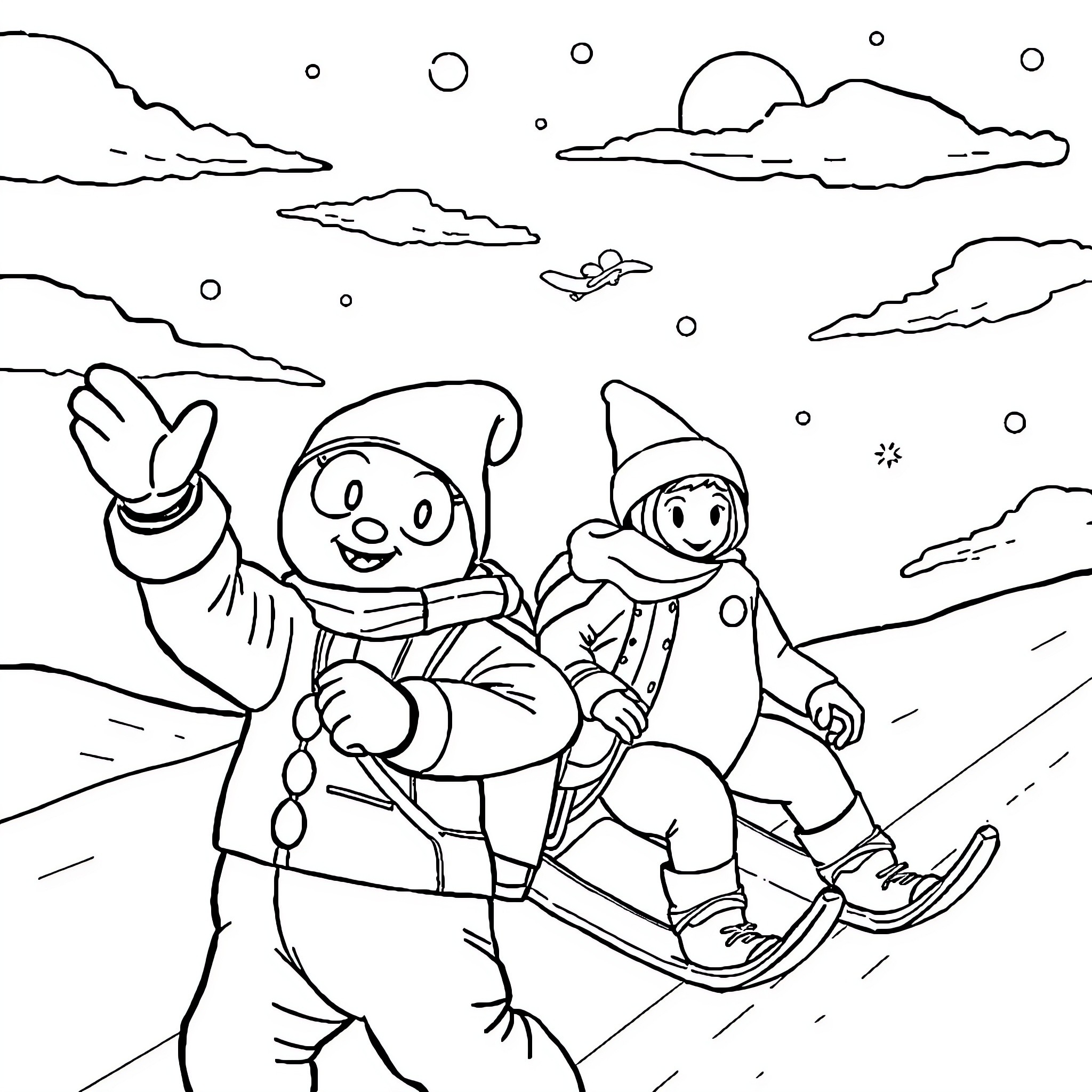 Pat'Patrouille Sled Adventure in Winter Wonderland Coloring Page (free black-and-white line drawing printable PDF for all, from beginners to advanced learners, including children, teens, adults, and seniors)