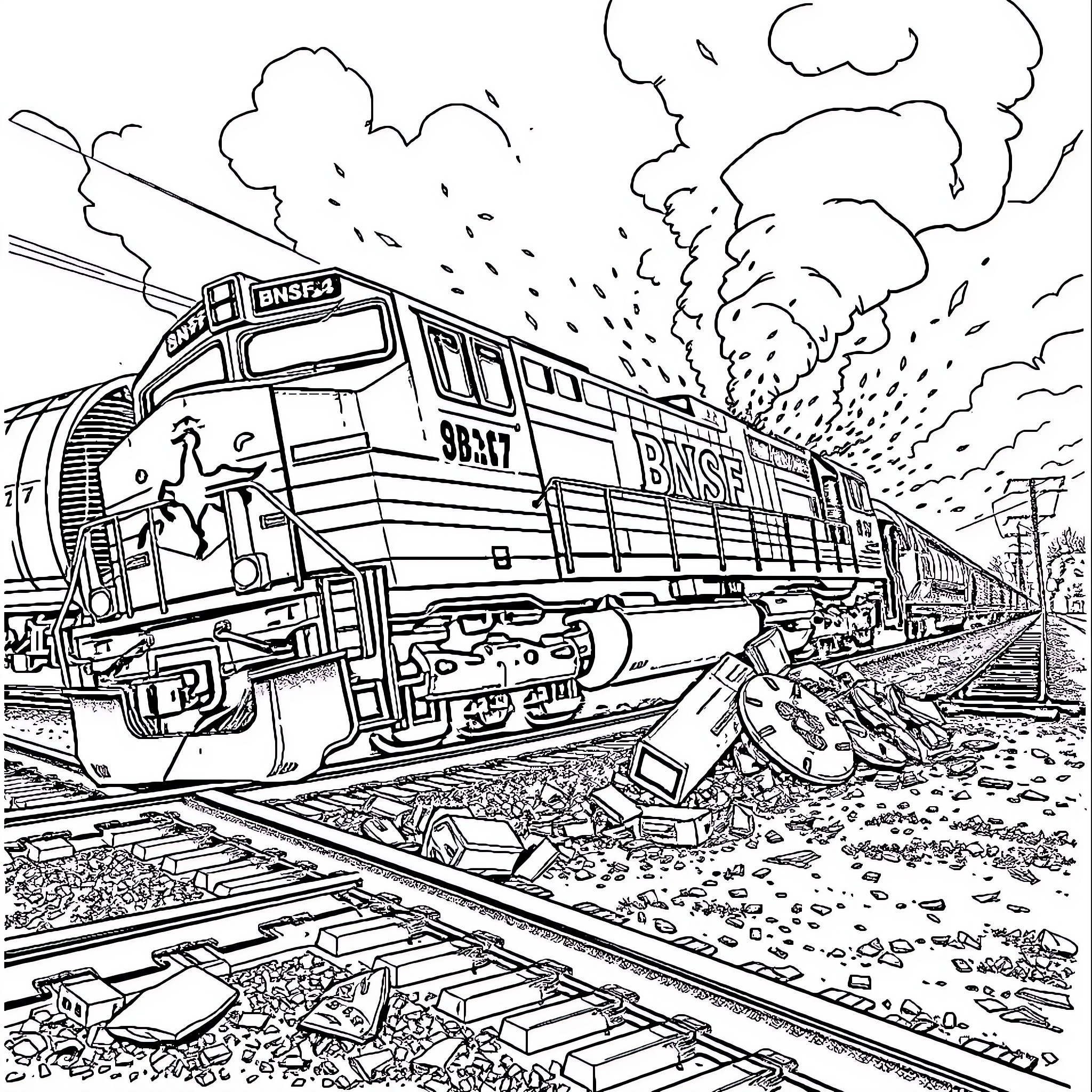 Train derailment and wreckage on the tracks Coloring Page (free black-and-white line drawing printable PDF for all, from beginners to advanced learners, including children, teens, adults, and seniors)