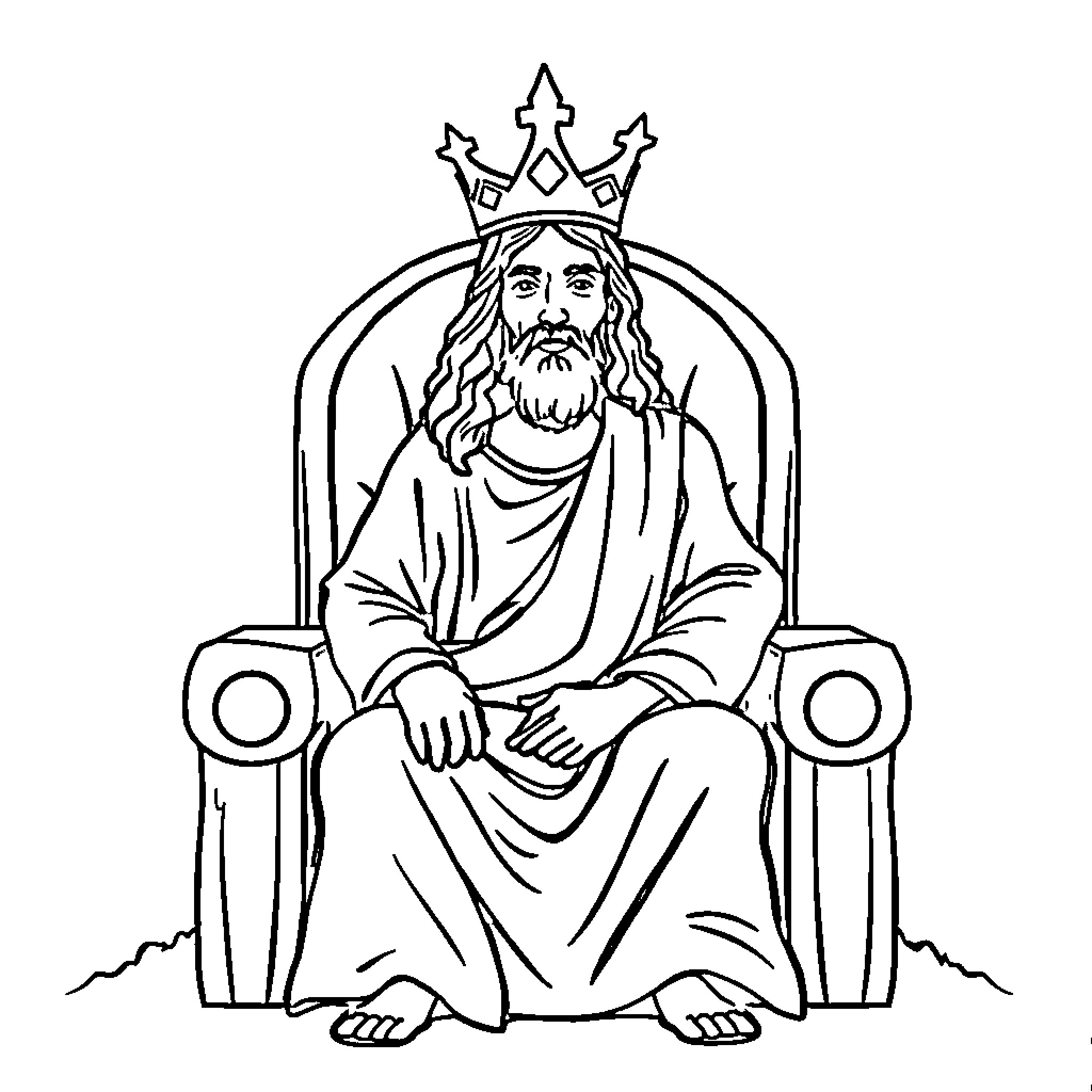 Jesus seated on a throne with a crown Coloring Page (free black-and-white line drawing printable PDF for all, from beginners to advanced learners, including children, teens, adults, and seniors)
