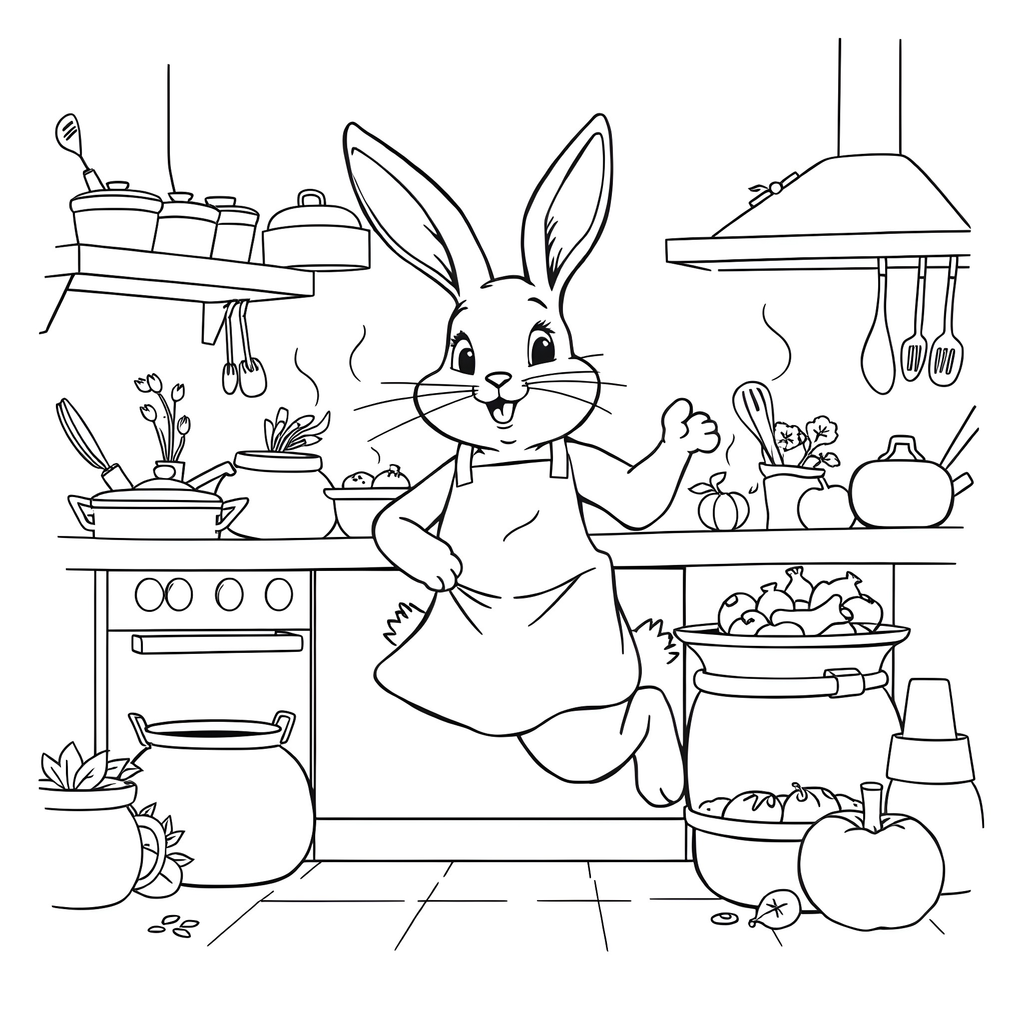Bunny cooking in the kitchen with kitchen utensils Coloring Page (free black-and-white line drawing printable PDF for all, from beginners to advanced learners, including children, teens, adults, and seniors)