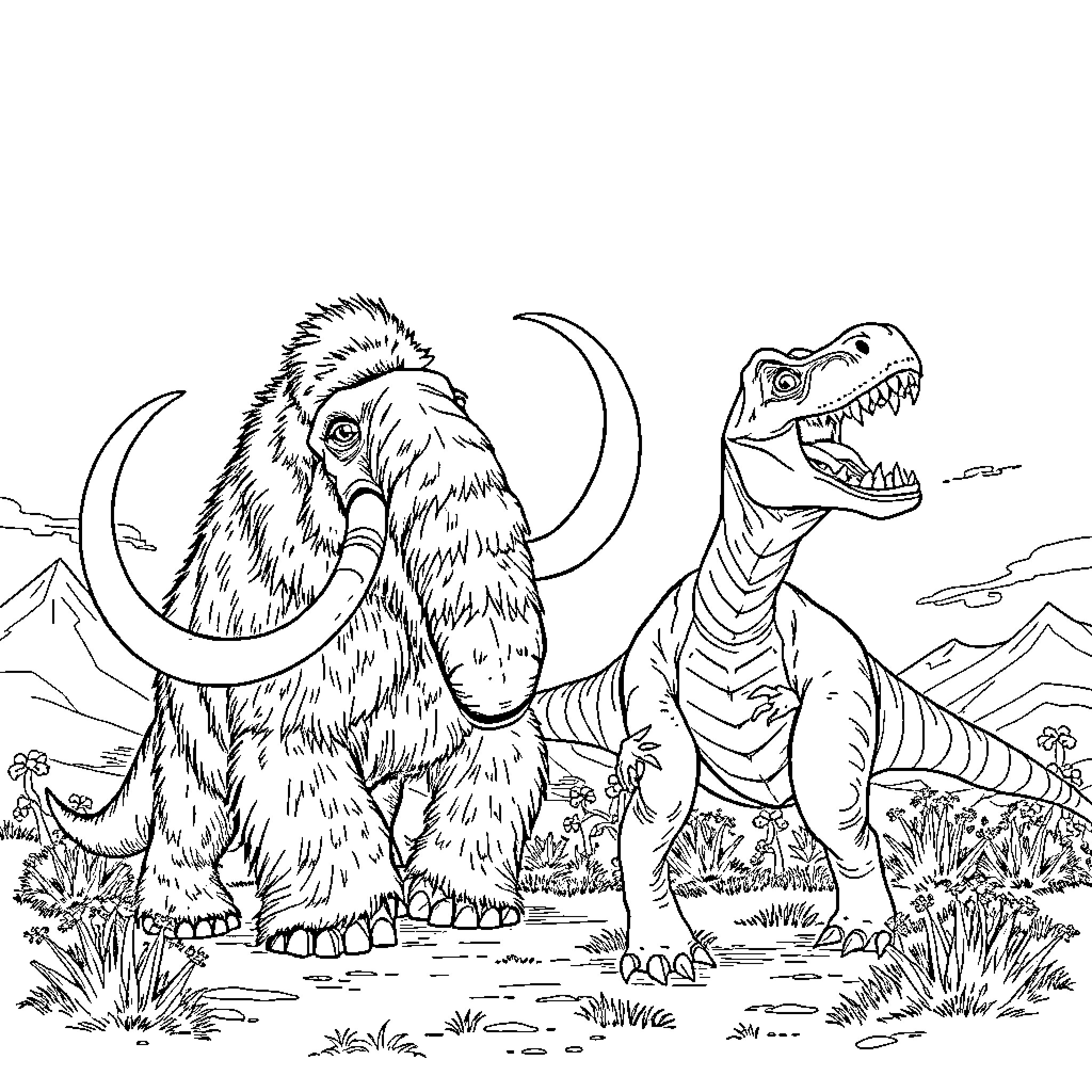 Mammoth and Dinosaur in Prehistoric Landscape Coloring Page (free black-and-white line drawing printable PDF for all, from beginners to advanced learners, including children, teens, adults, and seniors)