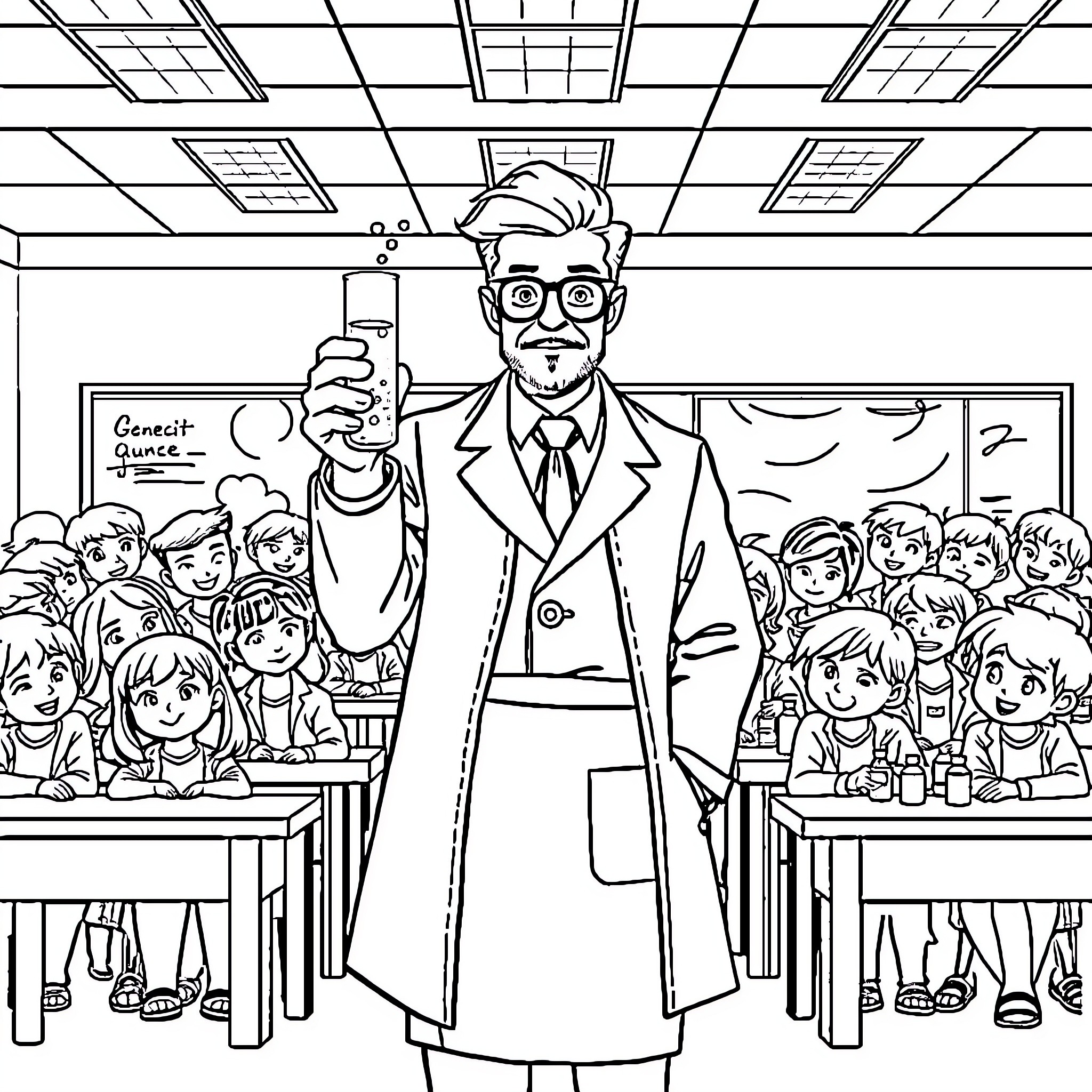 Chemistry Teacher Conducting Science Experiment in Classroom Coloring Page (free black-and-white line drawing printable PDF for all, from beginners to advanced learners, including children, teens, adults, and seniors)