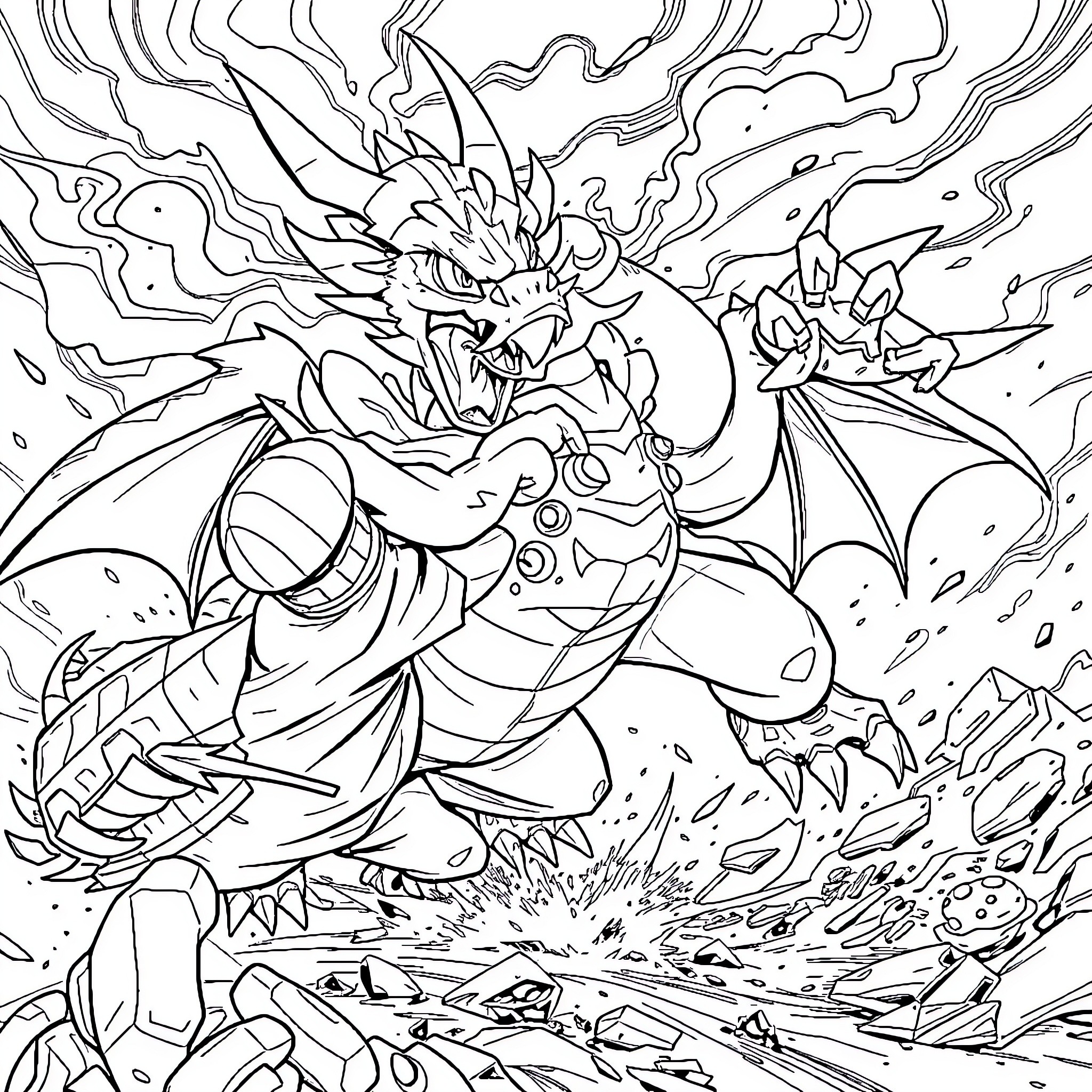 Glurak's Ferocious Onslaught Coloring Page (free black-and-white line drawing printable PDF for all, from beginners to advanced learners, including children, teens, adults, and seniors)