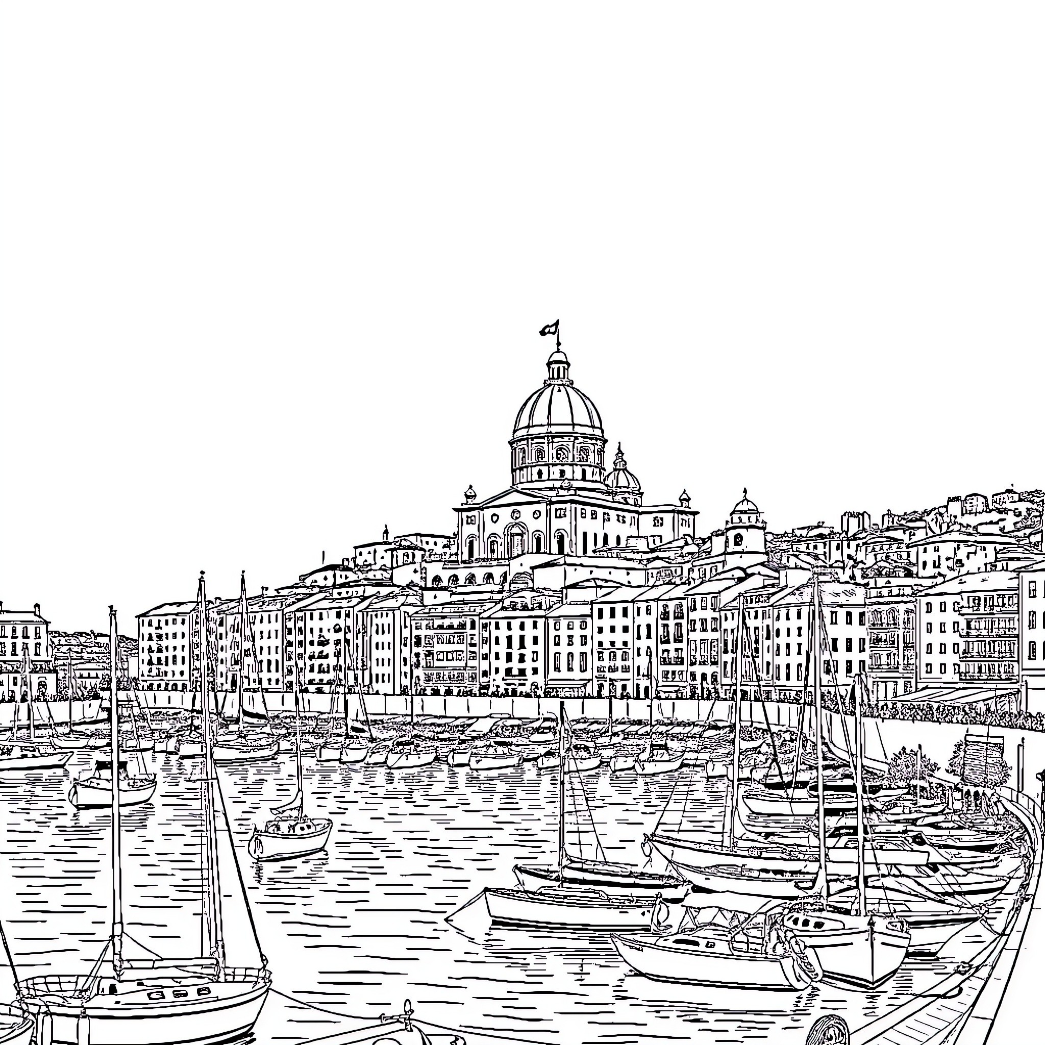 Marseille: Bustling Harbor and Iconic Architecture Coloring Page (free black-and-white line drawing printable PDF for all, from beginners to advanced learners, including children, teens, adults, and seniors)
