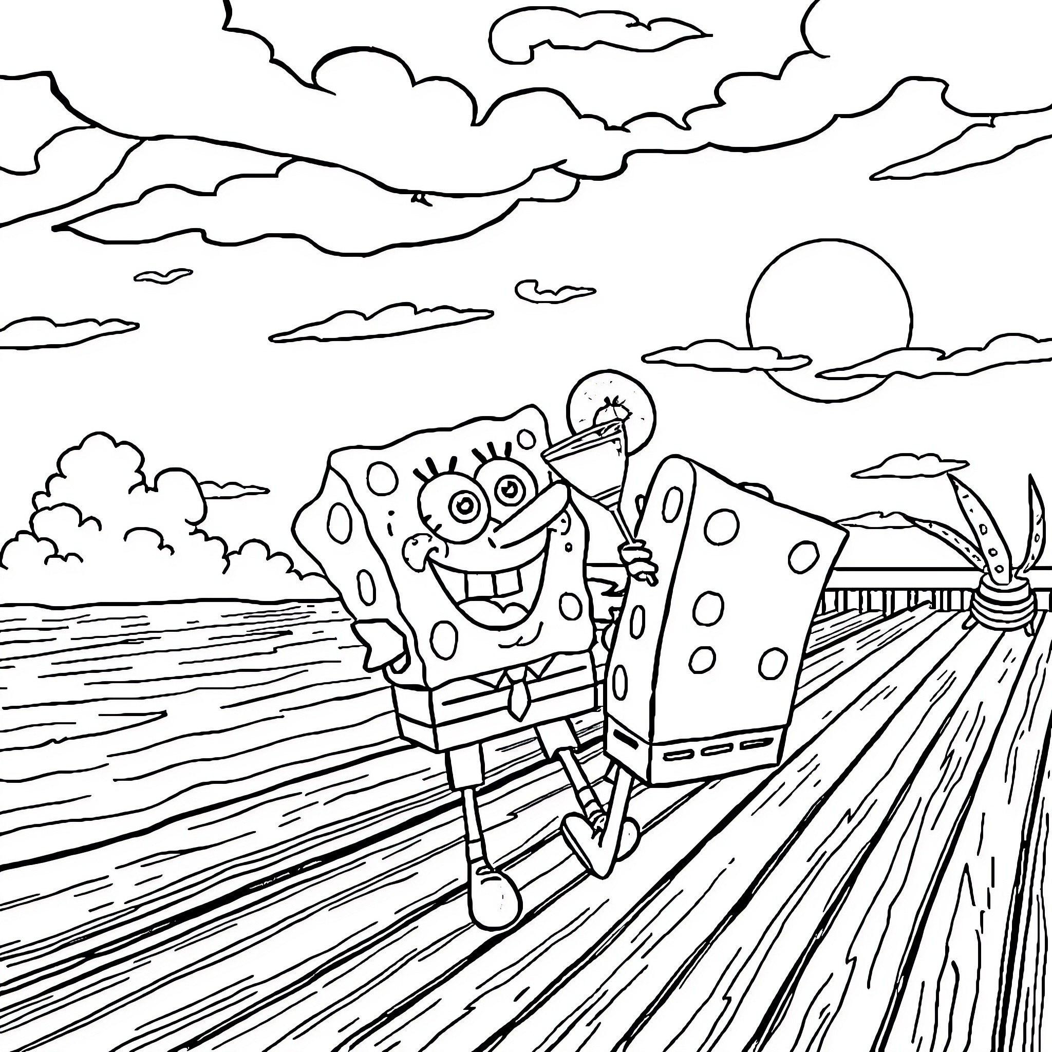 Spongebob enjoying a sunny day at the beach Coloring Page (free black-and-white line drawing printable PDF for all, from beginners to advanced learners, including children, teens, adults, and seniors)