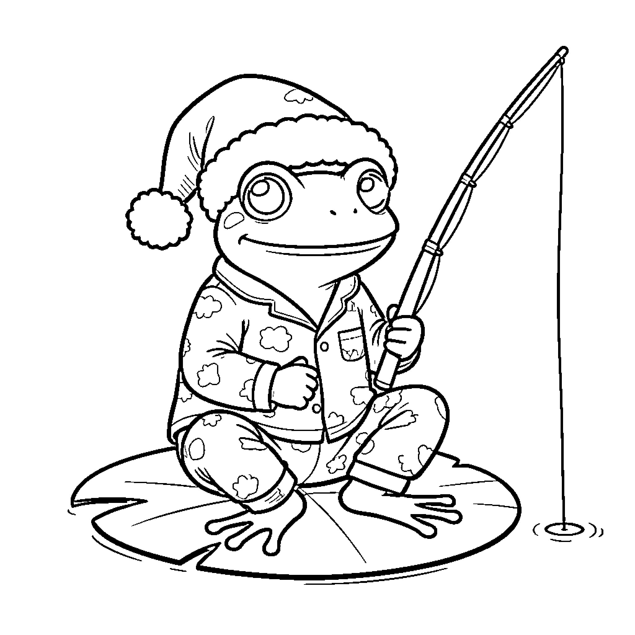 Frog wearing pajamas and fishing from a lily pad Coloring Page (free black-and-white line drawing printable PDF for all, from beginners to advanced learners, including children, teens, adults, and seniors)