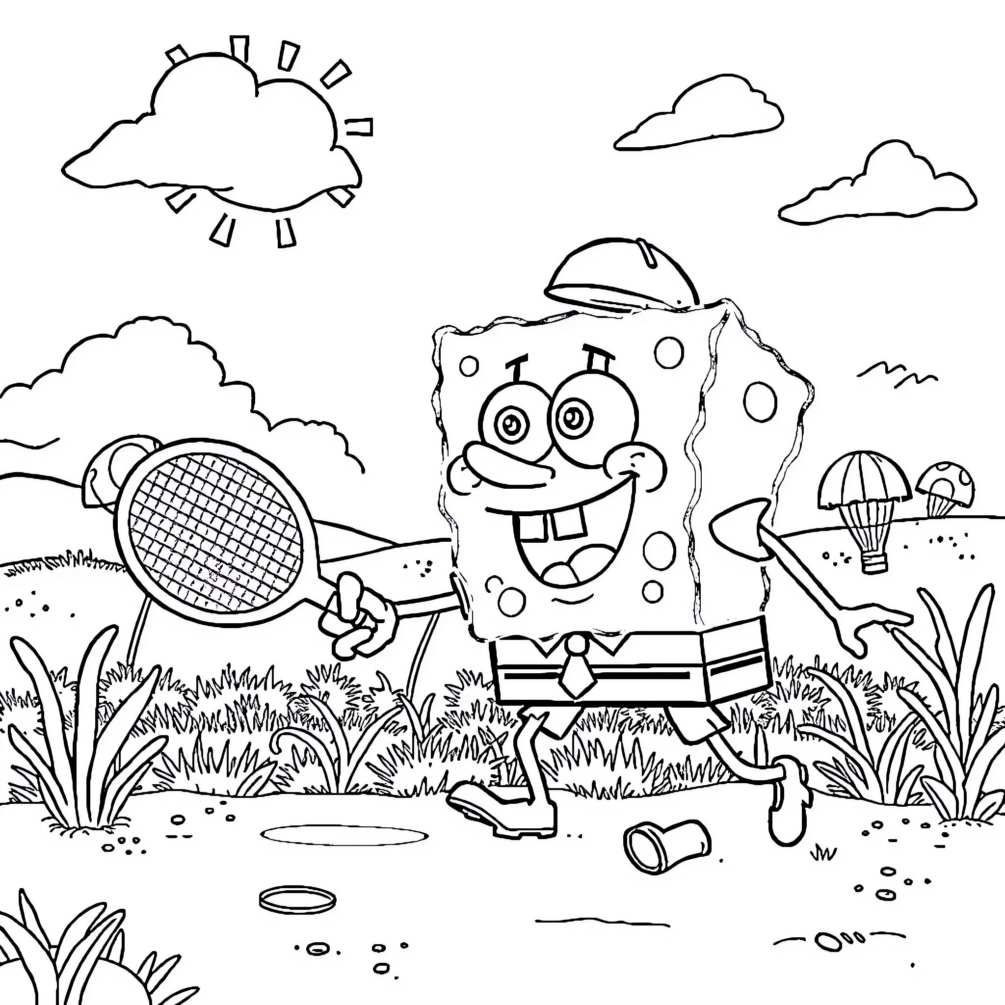 Spongebob playing tennis in the park Coloring Page (free black-and-white line drawing printable PDF for all, from beginners to advanced learners, including children, teens, adults, and seniors)