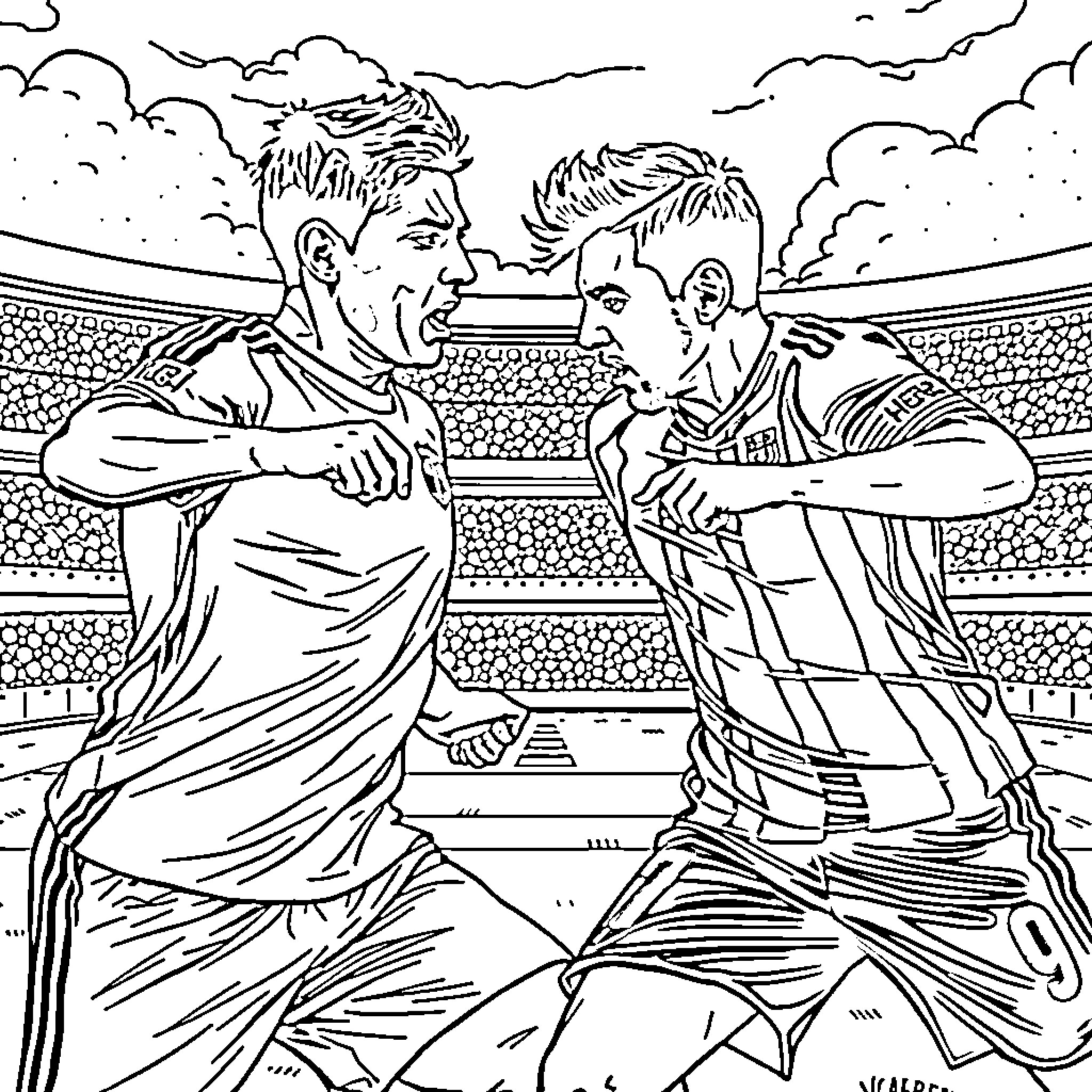 Ronaldo and opponent in heated confrontation on field Coloring Page (free black-and-white line drawing printable PDF for all, from beginners to advanced learners, including children, teens, adults, and seniors)