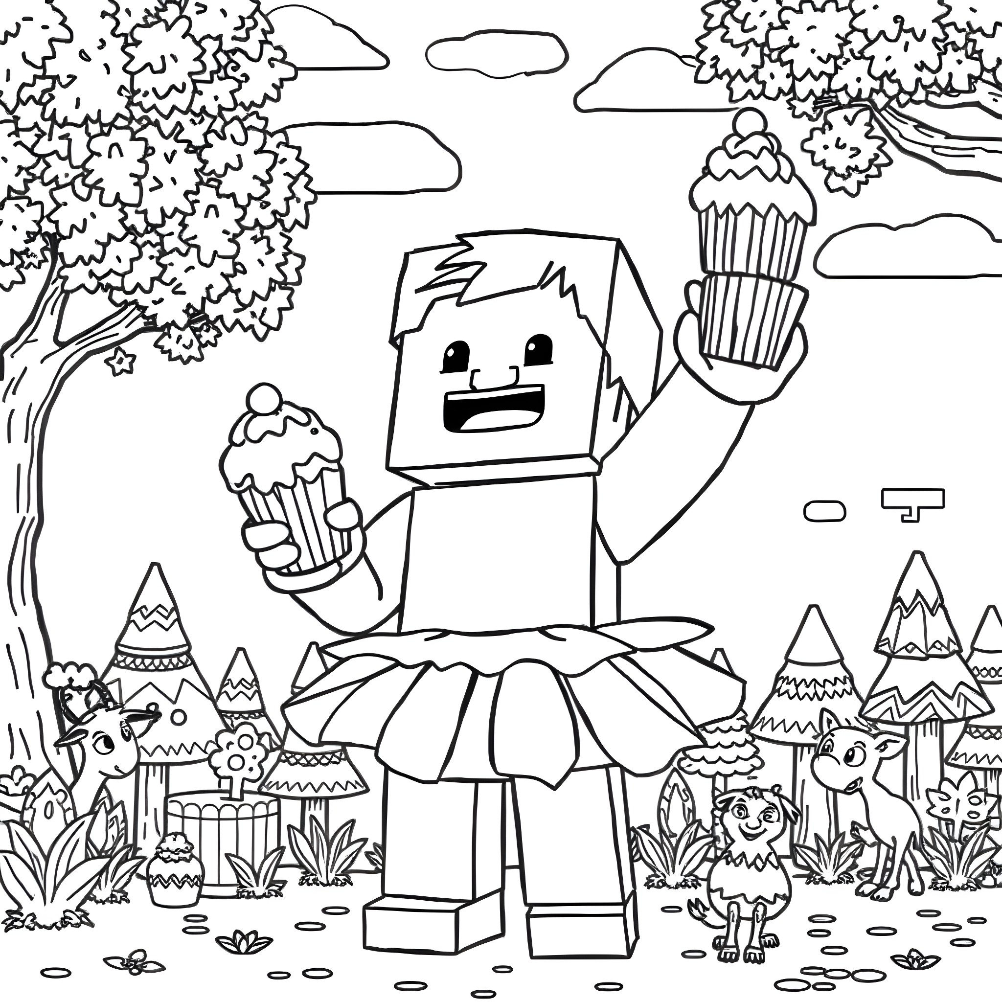 Steve's Joyful Cupcake Adventure in the Whimsical Landscape Coloring Page (free black-and-white line drawing printable PDF for all, from beginners to advanced learners, including children, teens, adults, and seniors)
