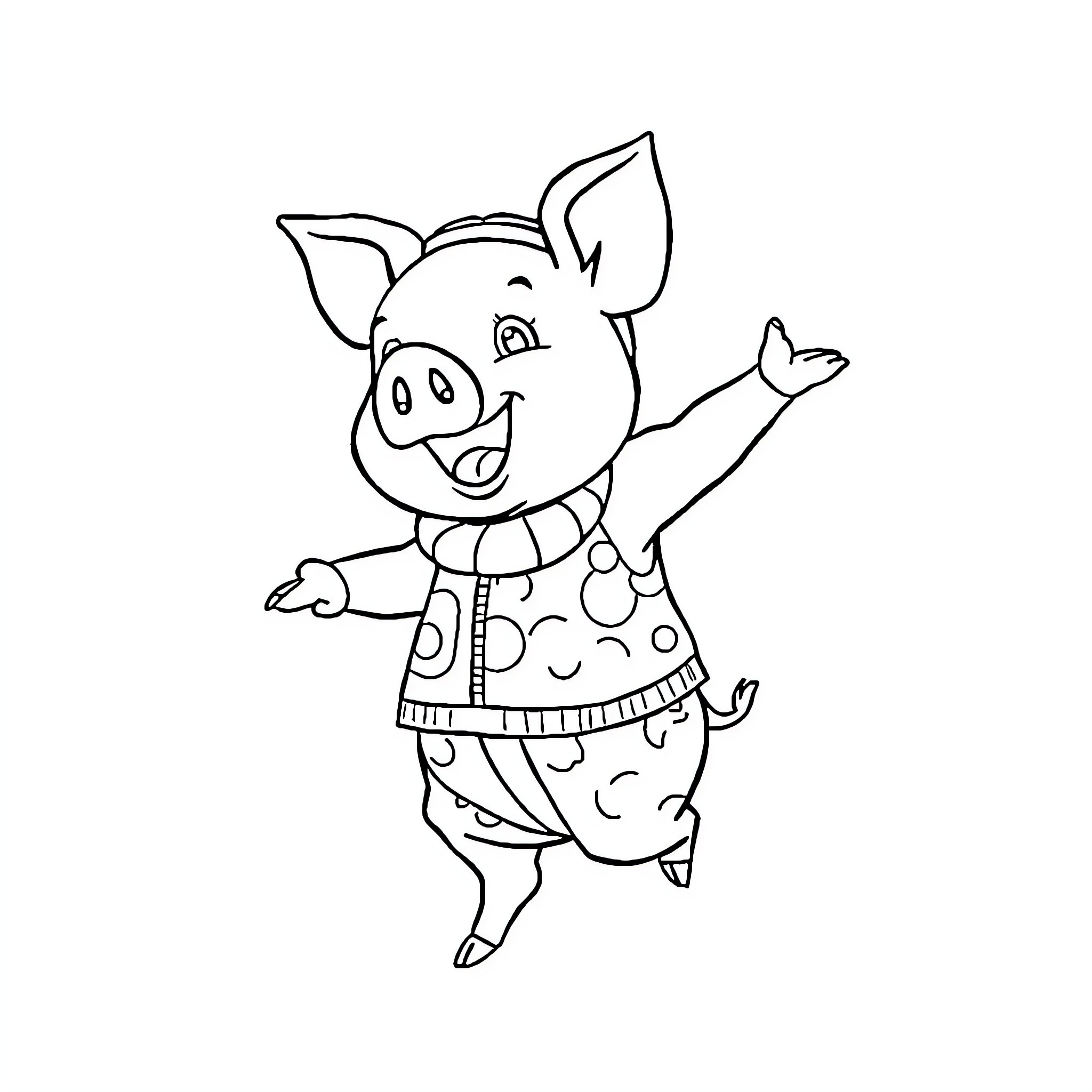 Pig wearing a patterned outfit and happily dancing Coloring Page (free black-and-white line drawing printable PDF for all, from beginners to advanced learners, including children, teens, adults, and seniors)