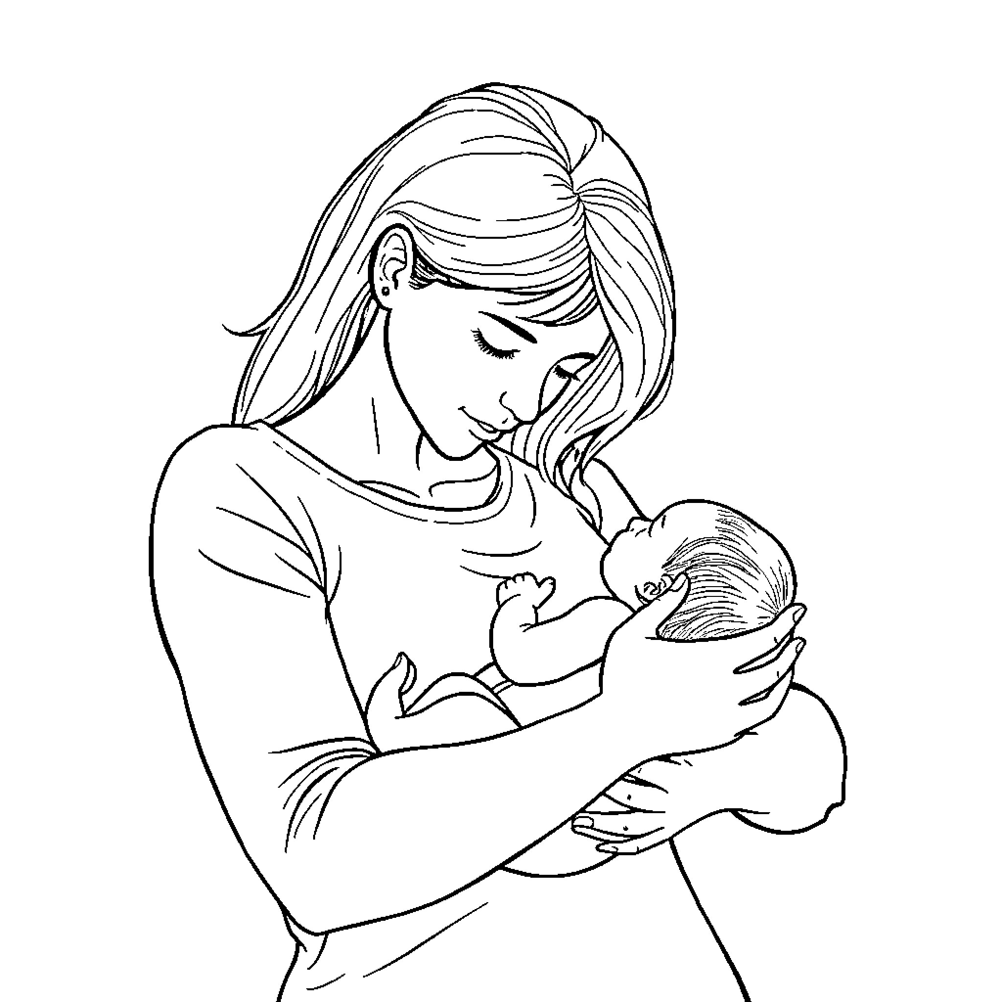 Mom tenderly holding newborn baby Coloring Page (free black-and-white line drawing printable PDF for all, from beginners to advanced learners, including children, teens, adults, and seniors)