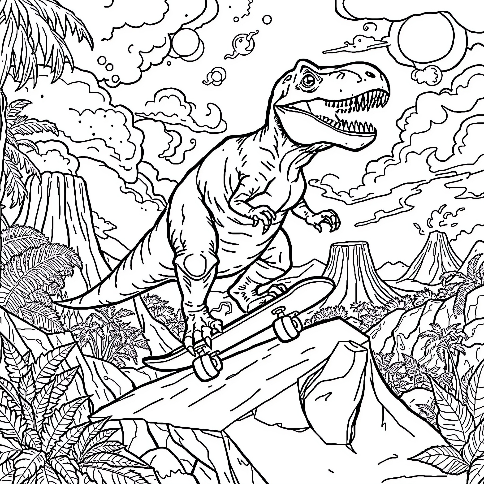 T-Rex Stomping Through Prehistoric Landscape Coloring Page (free black-and-white line drawing printable PDF for all, from beginners to advanced learners, including children, teens, adults, and seniors)