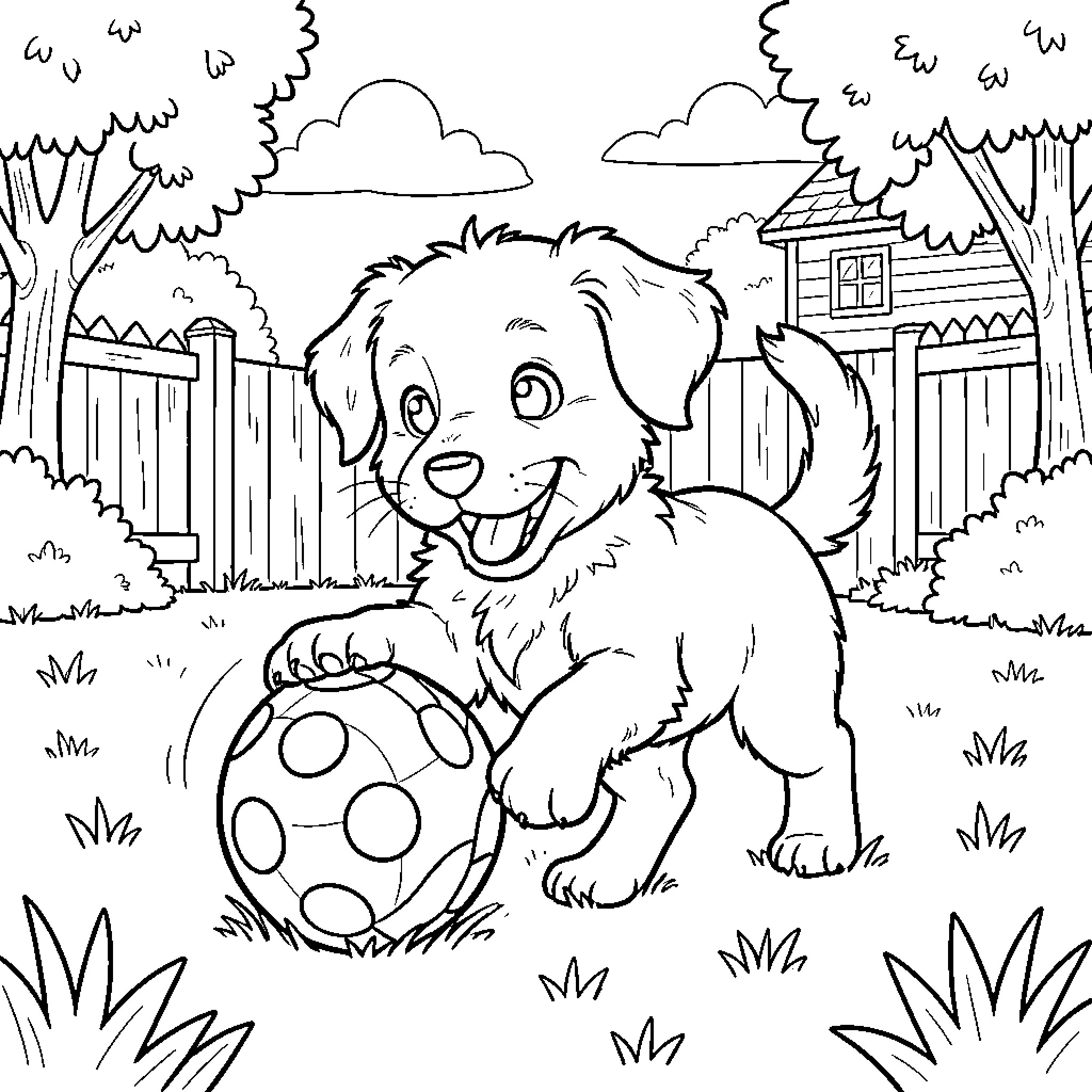 Brud playing happily with spotted ball in the yard Coloring Page (free black-and-white line drawing printable PDF for all, from beginners to advanced learners, including children, teens, adults, and seniors)