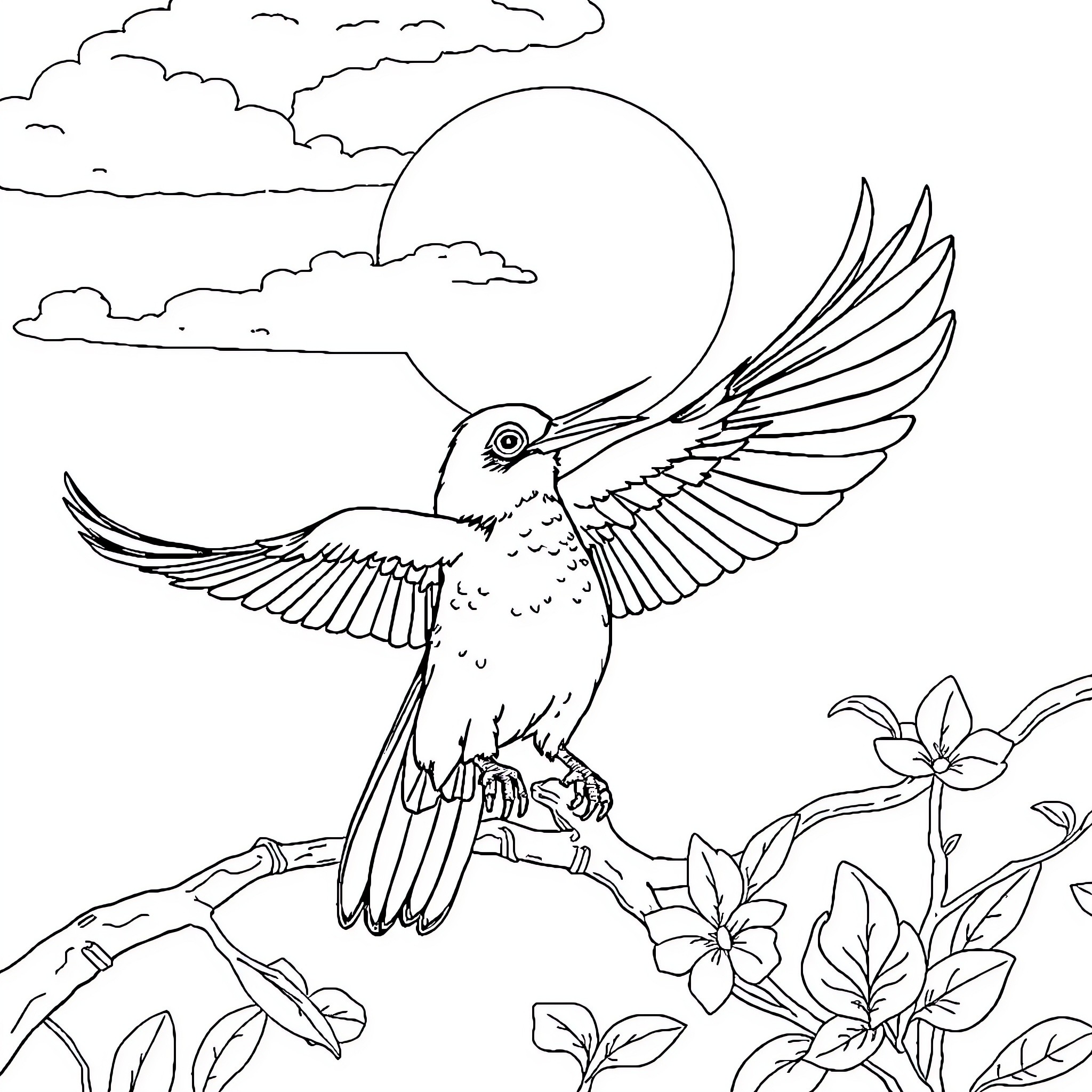 Dove spreading its wings in nature Coloring Page (free black-and-white line drawing printable PDF for all, from beginners to advanced learners, including children, teens, adults, and seniors)