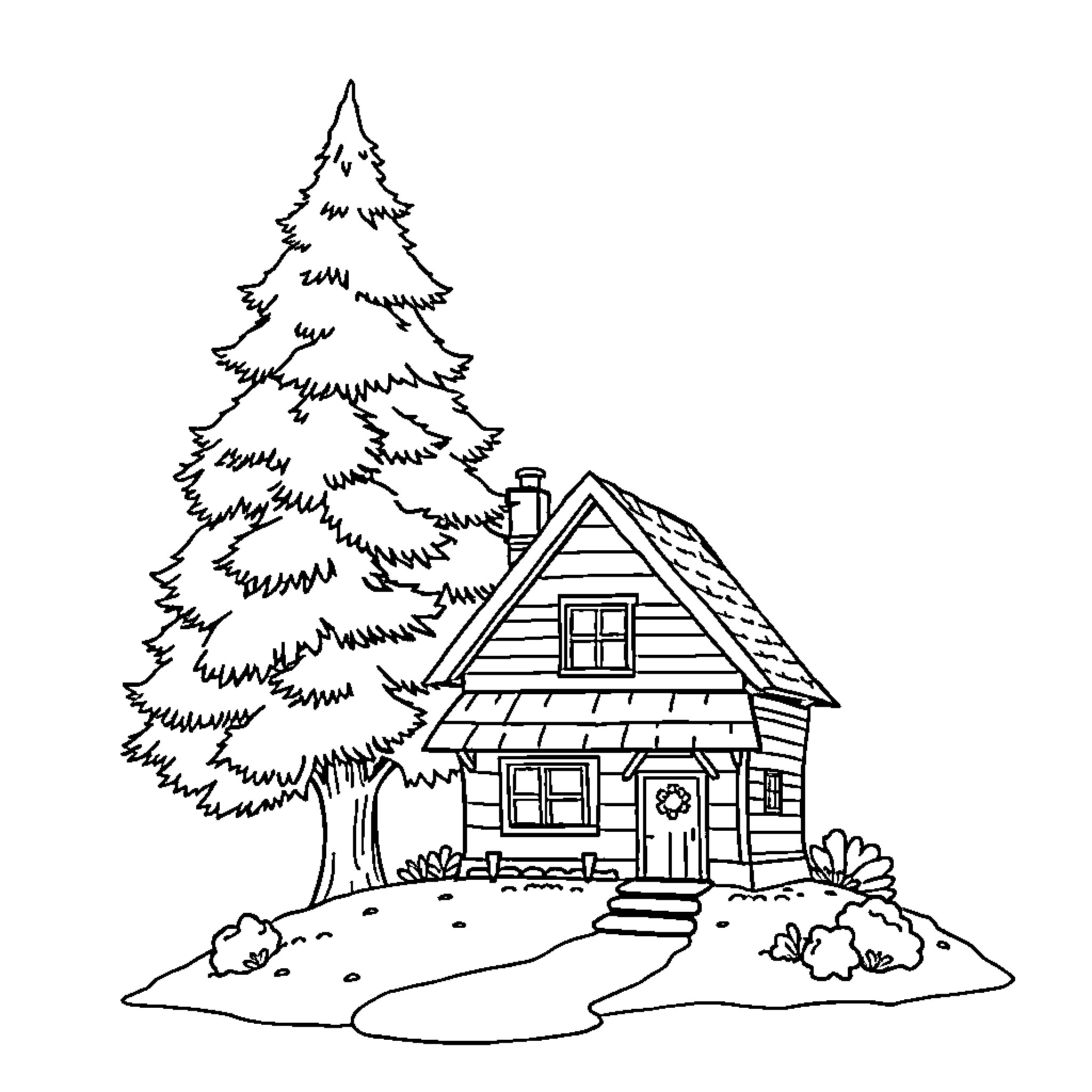 House with pine tree in rustic scenery Coloring Page (free black-and-white line drawing printable PDF for all, from beginners to advanced learners, including children, teens, adults, and seniors)
