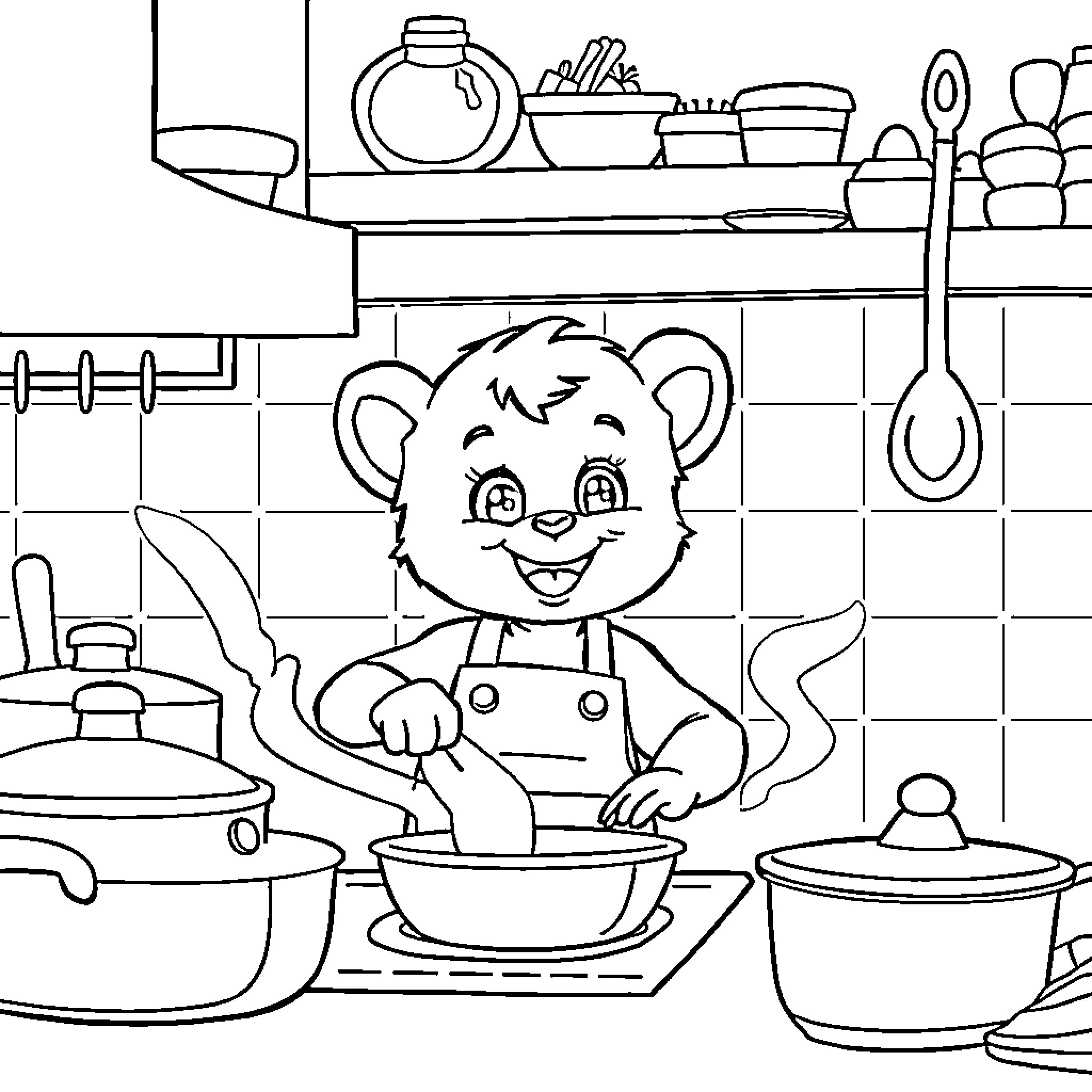 Cub happily cooking in kitchen surrounded by pots and pans Coloring Page (free black-and-white line drawing printable PDF for all, from beginners to advanced learners, including children, teens, adults, and seniors)