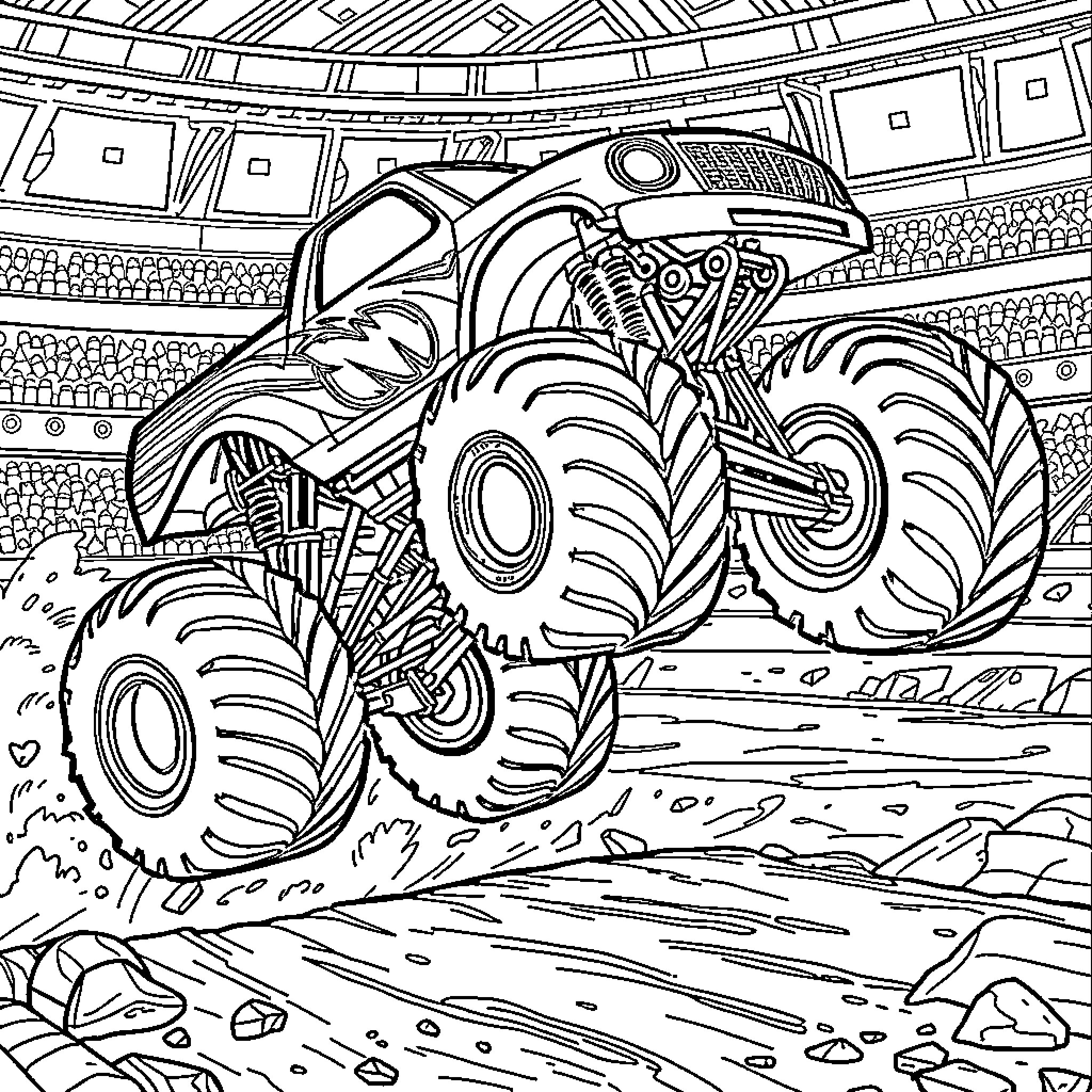 Monster Truck Performing Daring Stunts in Arena Coloring Page (free black-and-white line drawing printable PDF for all, from beginners to advanced learners, including children, teens, adults, and seniors)