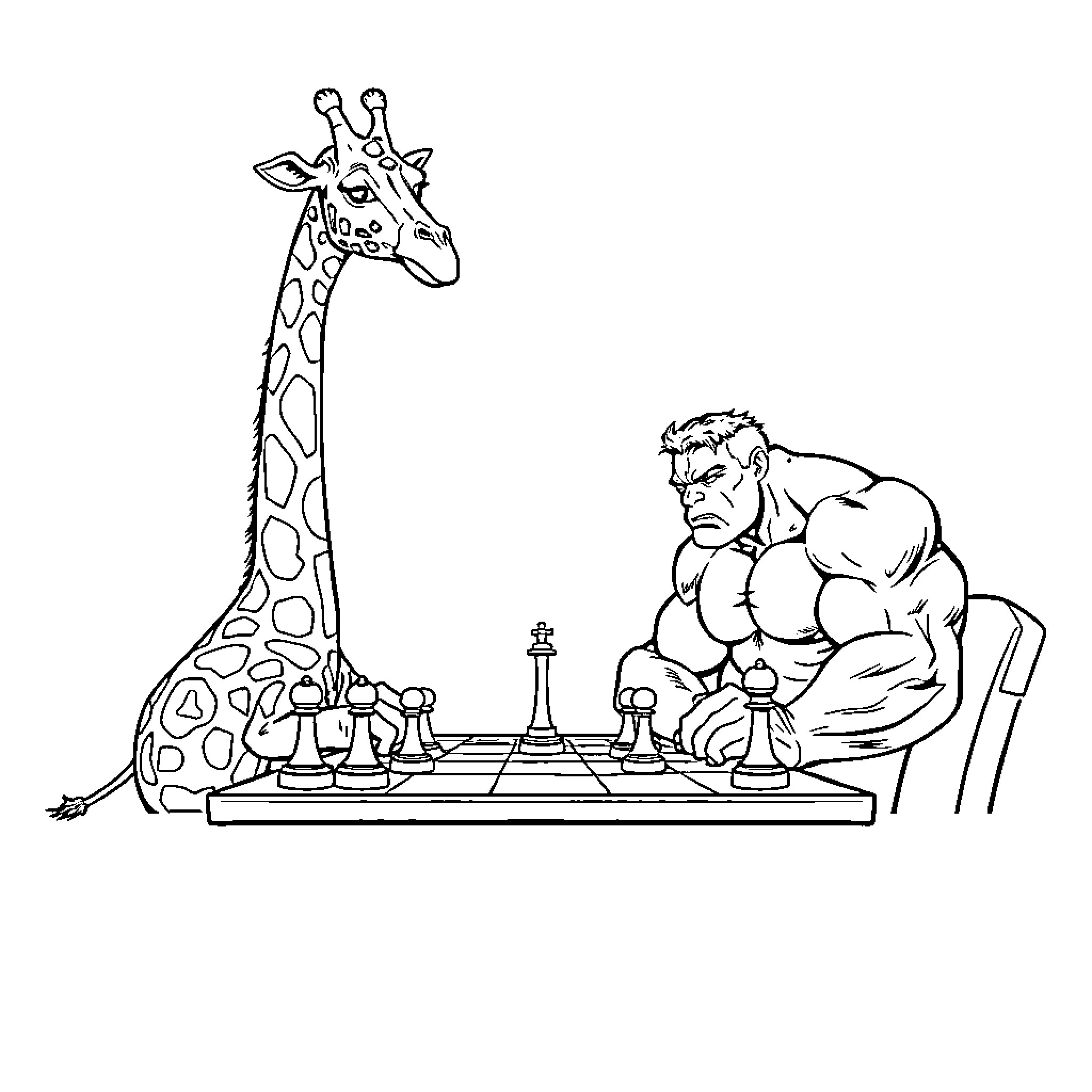 Giraffe and Muscular Man Playing Chess Coloring Page (free black-and-white line drawing printable PDF for all, from beginners to advanced learners, including children, teens, adults, and seniors)