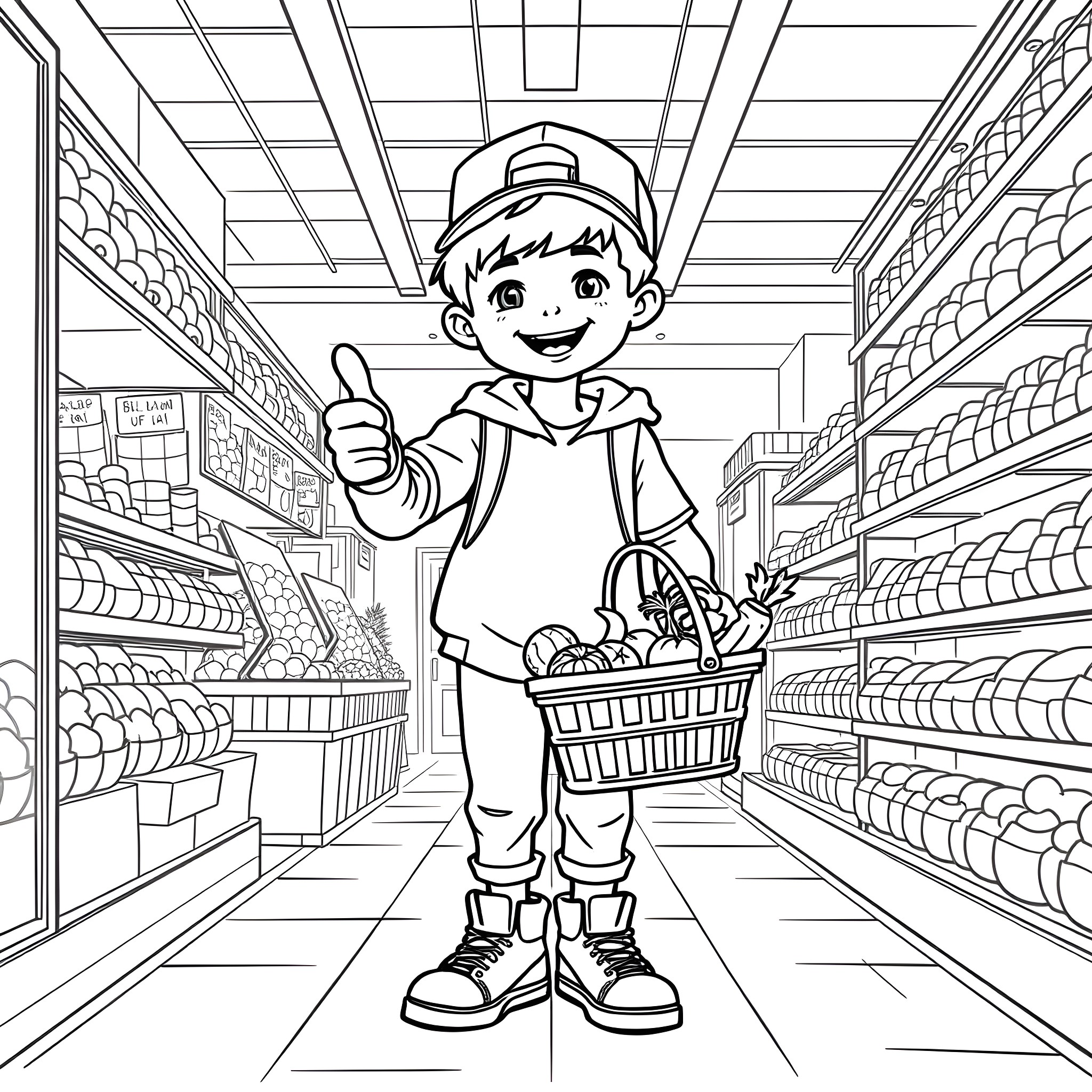 Boy Happily Shopping in a Grocery Store Coloring Page (free black-and-white line drawing printable PDF for all, from beginners to advanced learners, including children, teens, adults, and seniors)