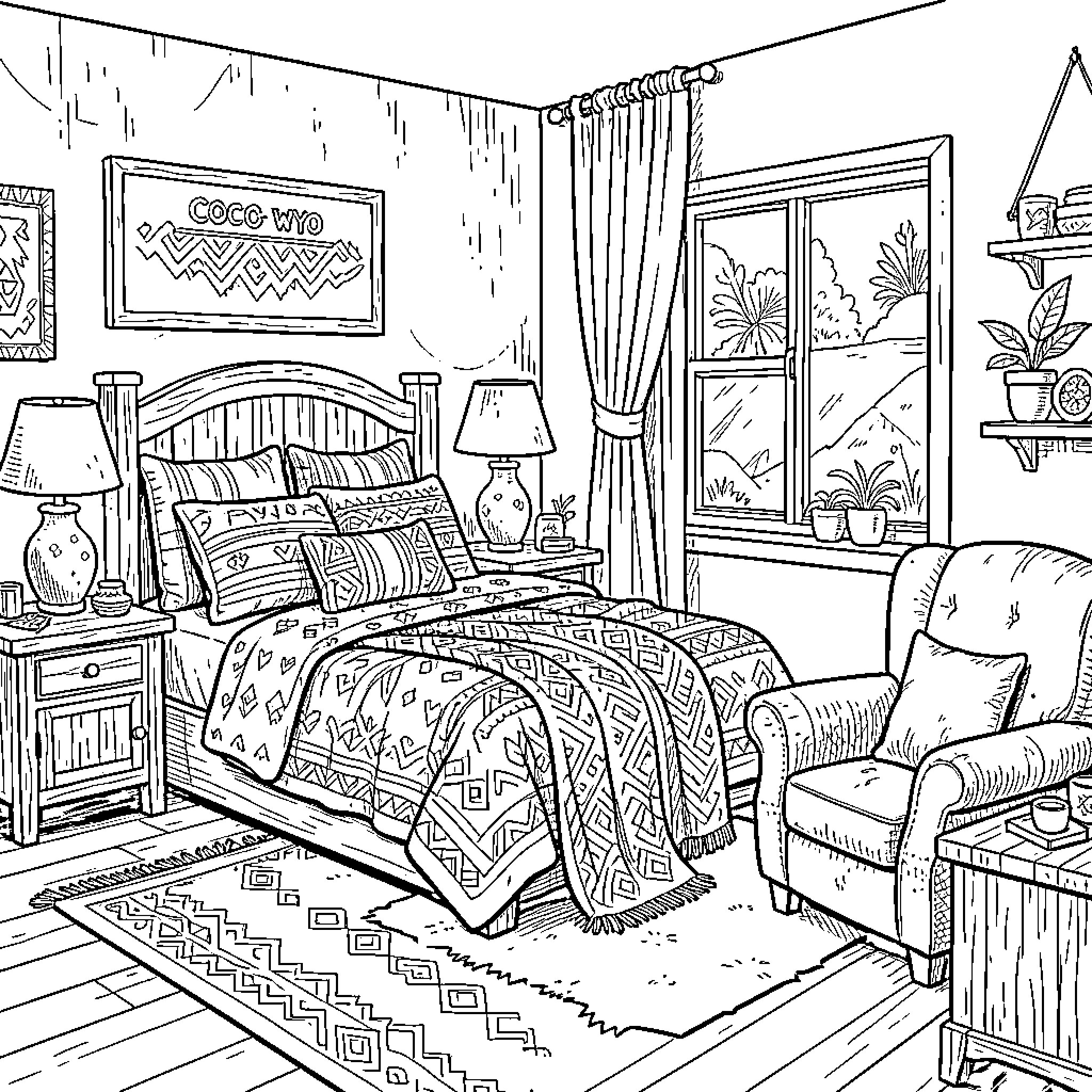 Bedroom featuring cozy furniture and patterned textiles Coloring Page (free black-and-white line drawing printable PDF for all, from beginners to advanced learners, including children, teens, adults, and seniors)
