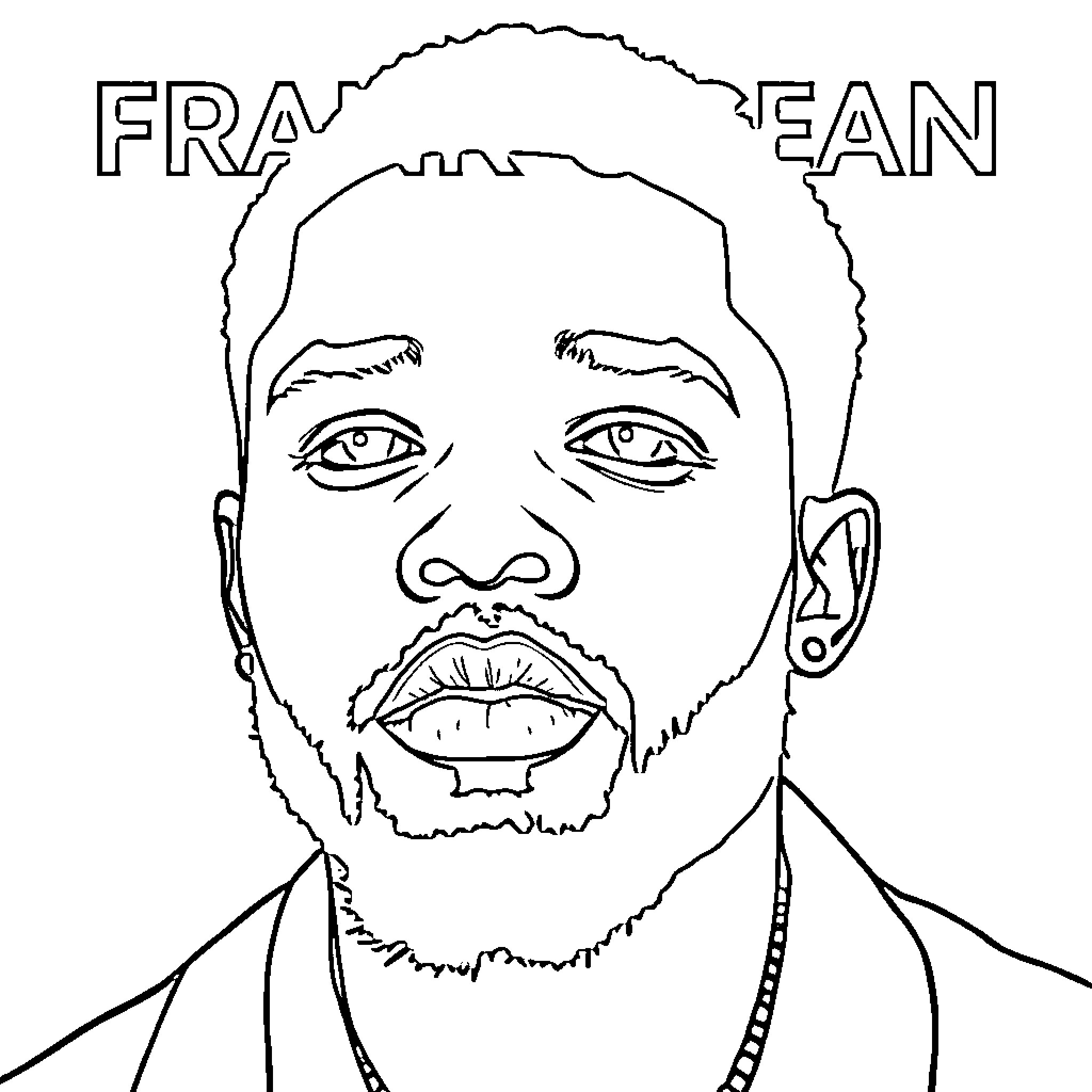 Frank Ocean's portrait with contemplative expression Coloring Page (free black-and-white line drawing printable PDF for all, from beginners to advanced learners, including children, teens, adults, and seniors)