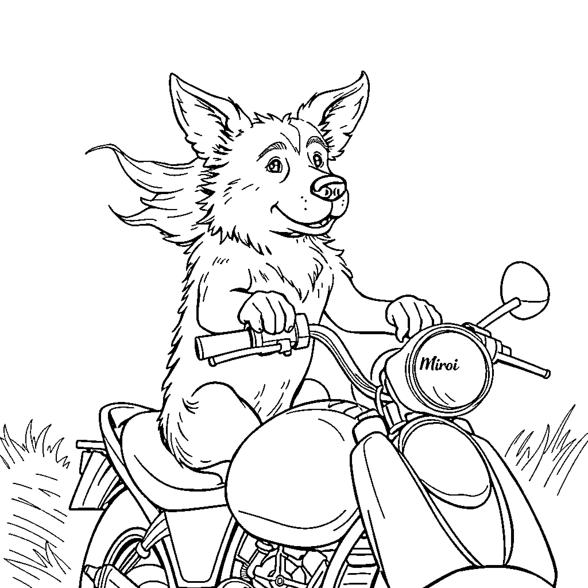 Hund riding a motorcycle on the grass Coloring Page (free black-and-white line drawing printable PDF for all, from beginners to advanced learners, including children, teens, adults, and seniors)